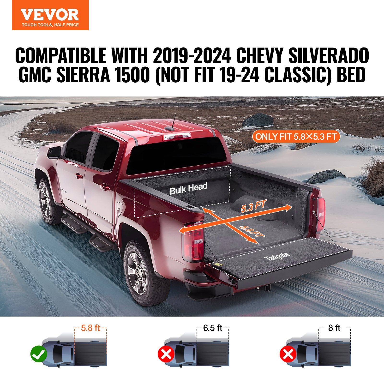 Truck Bed Cover Roll Up Tonneau Soft PVC for 2019-2024 Chevy Silverado GMC 1500