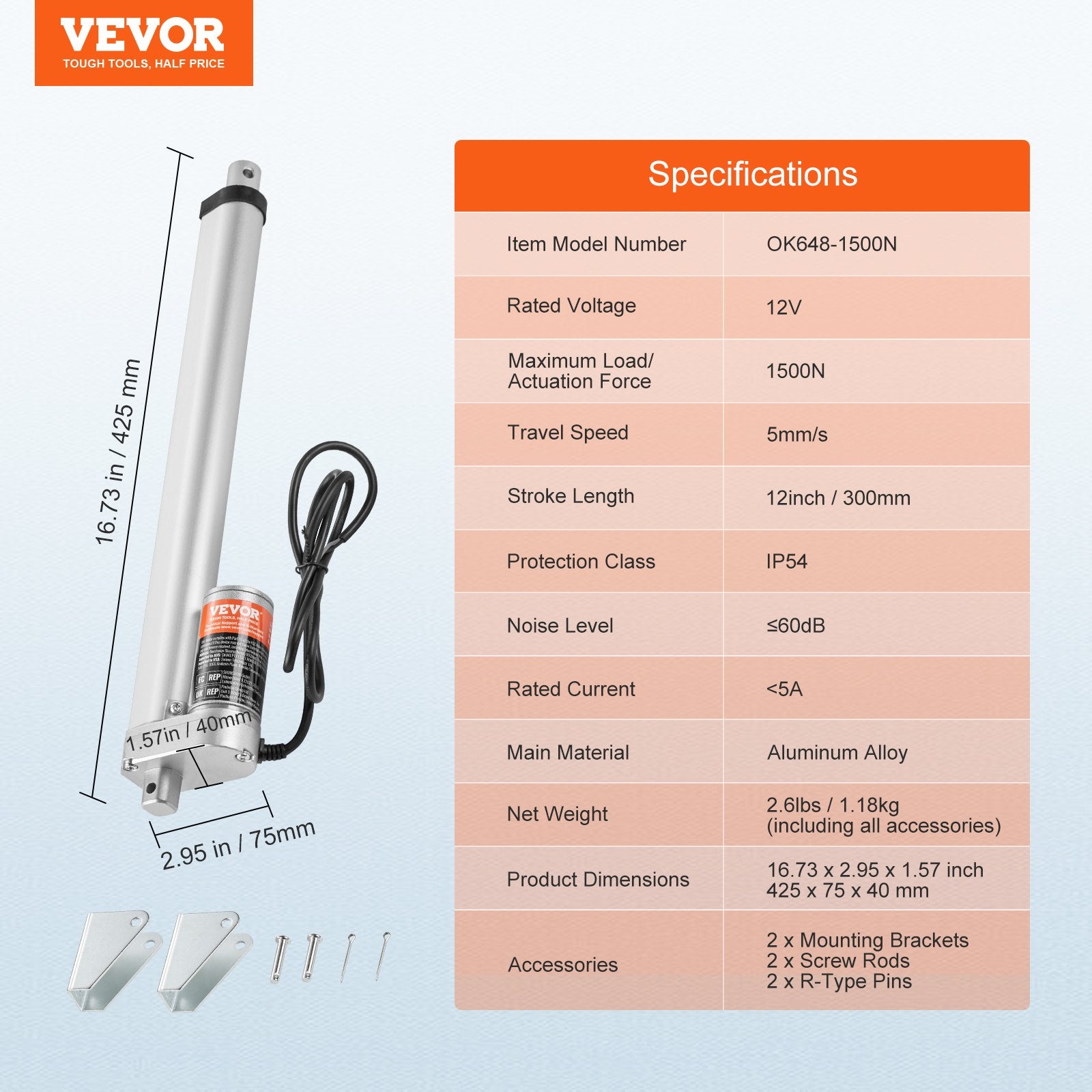 12V Linear Actuator 12 Inch High Load 1500N 0.19″/s with Bracket IP54