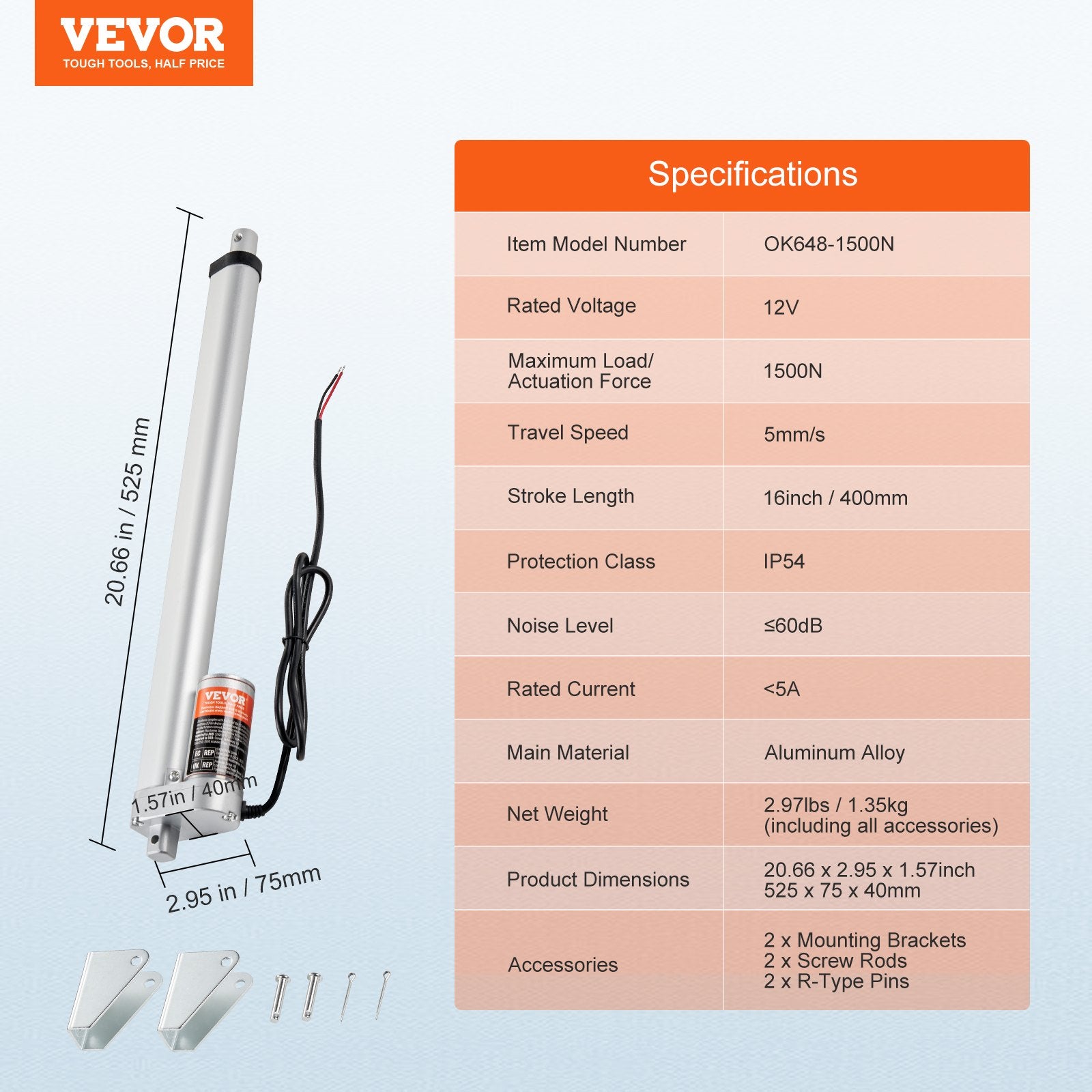 12V Linear Actuator 16 Inch High Load 1500N 0.19″/s with Bracket IP54