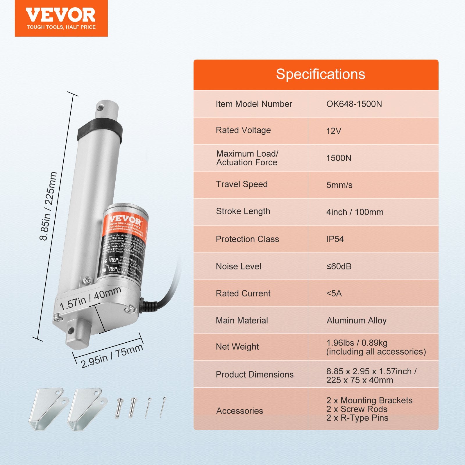 12V Linear Actuator 4 Inch 1500N High Load with Bracket IP54