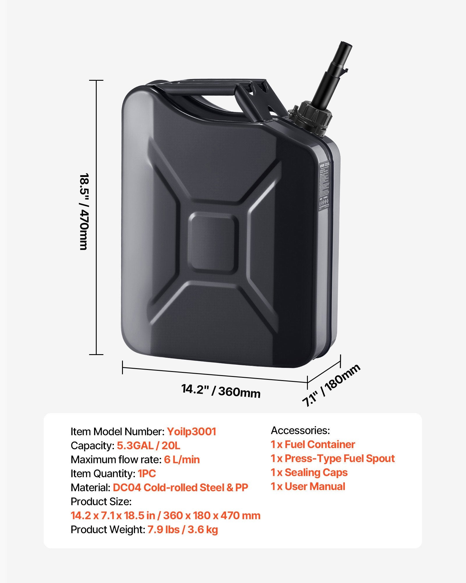 Metal Fuel Container 20L Jerry Can with Spout Comfort Handle Leakproof Black