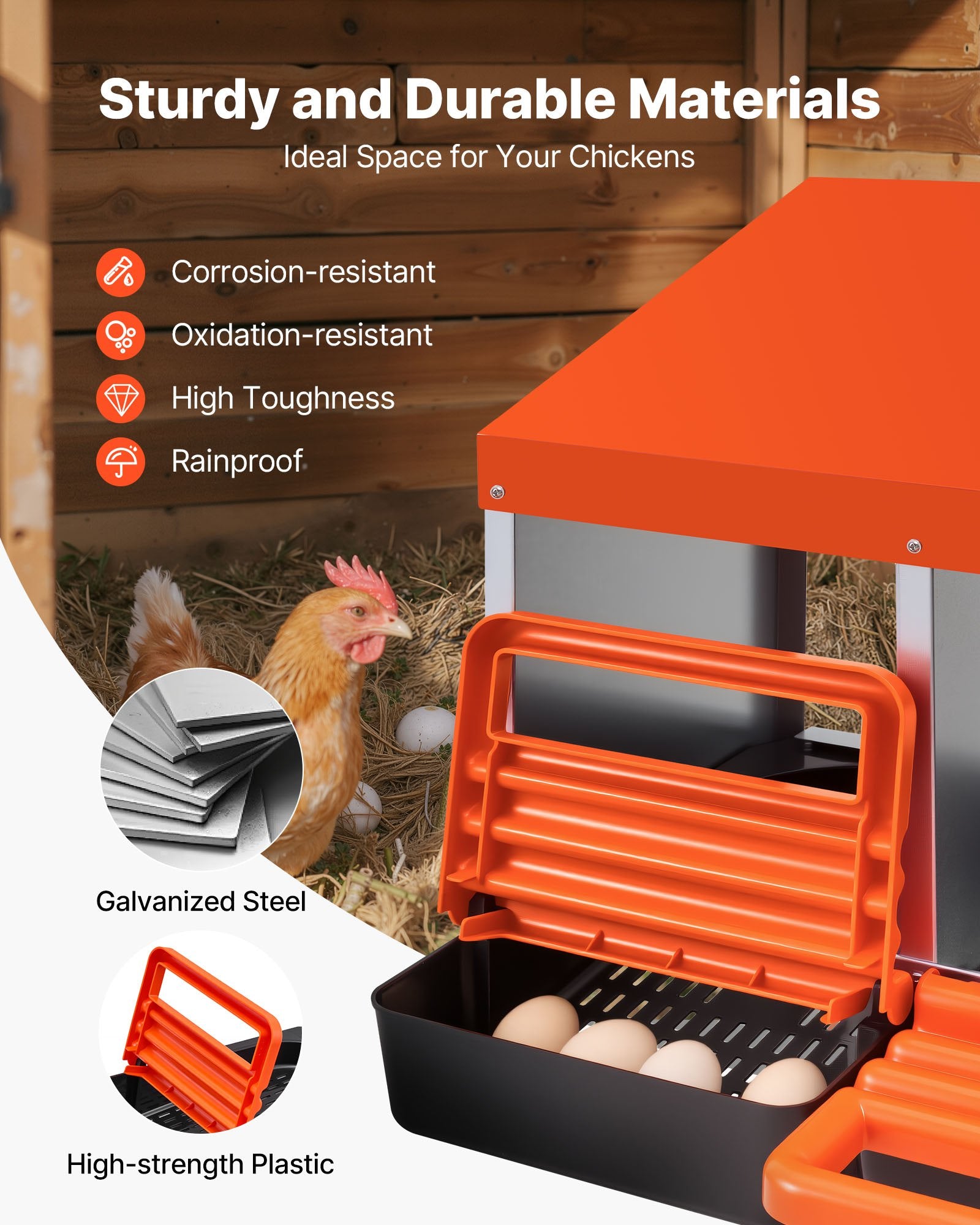 Chicken Nesting Boxes 4 Compartments Metal Roll Out Collection Lids Orange