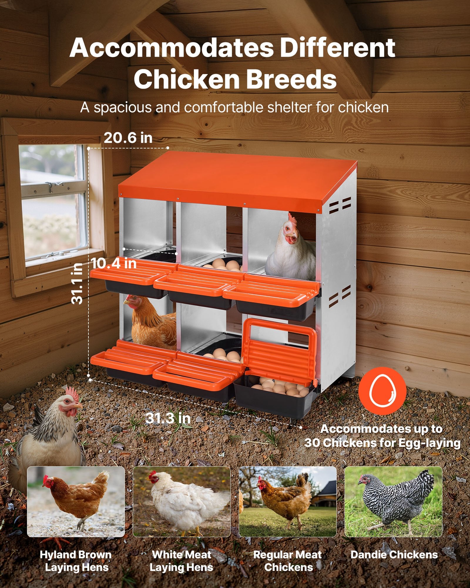 2-Tier Chicken Nesting Boxes 6 Metal Compartments Roll-Out Lids Easy Assemble