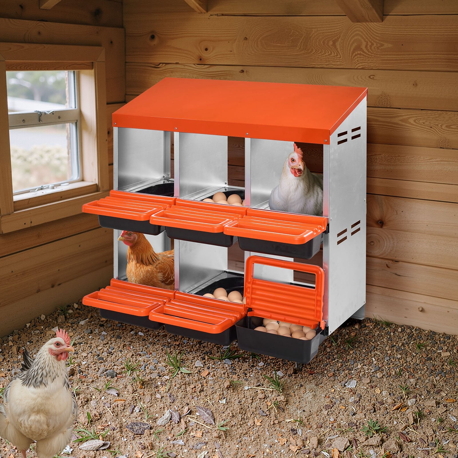 2-Tier Chicken Nesting Boxes 6 Metal Compartments Roll-Out Lids Easy Assemble
