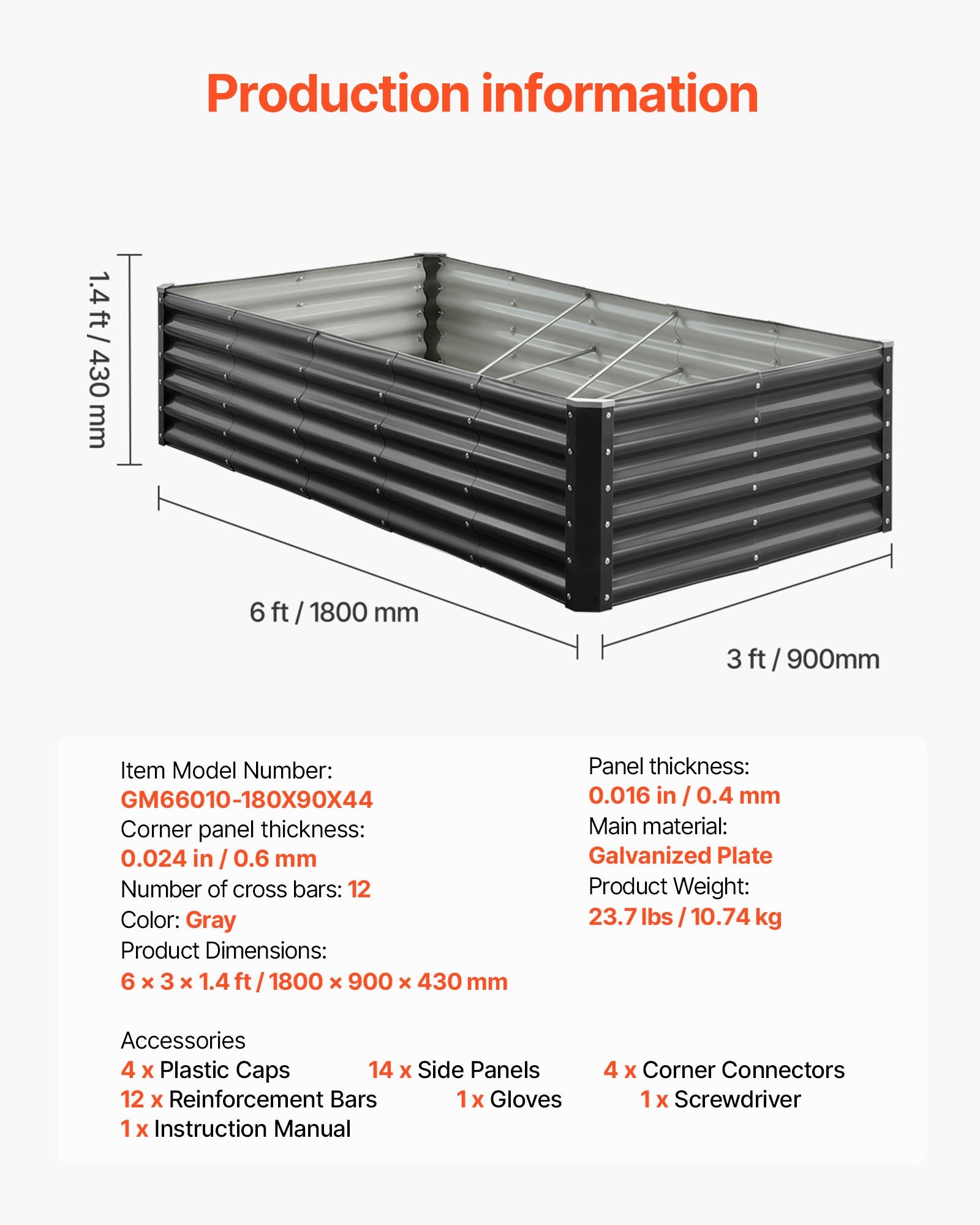 Metal Raised Garden Bed 1.8x0.9x0.4m Galvanized Outdoor Planter Box Dark Gray