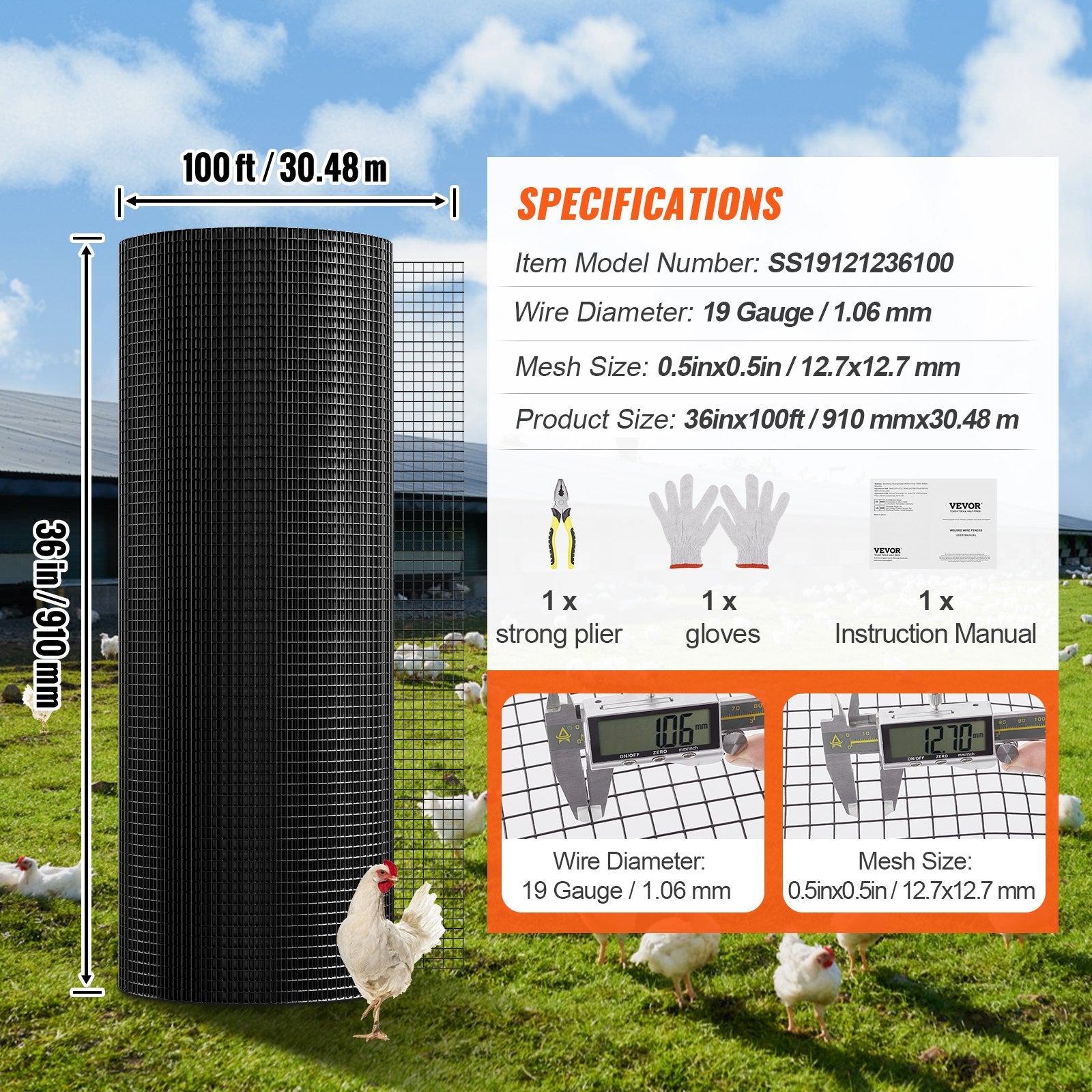 Hardware Cloth 36"x100' 19-Gauge Galvanized Wire Mesh Roll Vinyl Coated