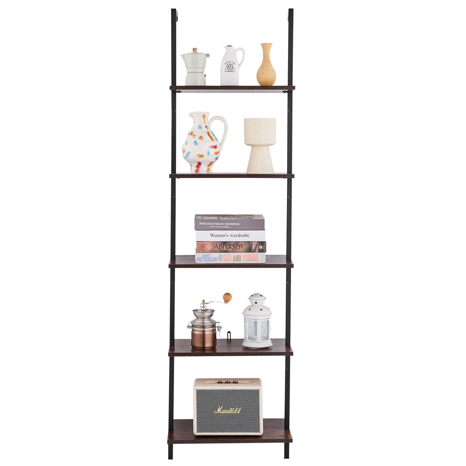 Ladder Shelf 5-Tier Wall-Mounted Bookshelf Metal Frame Storage Rack Black