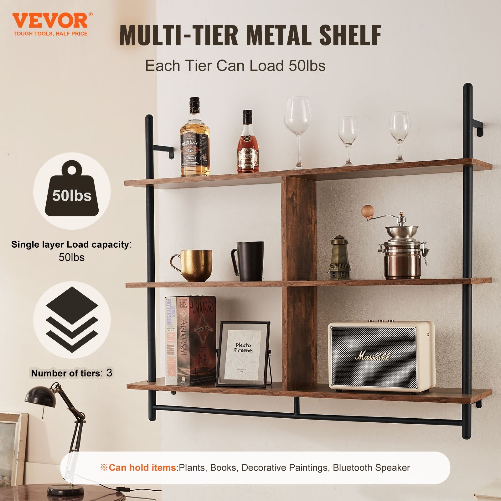 Industrial Pipe Shelf 3 Tier 41.5x9.84in Wall-Mount RusticWood Bookshelf Black