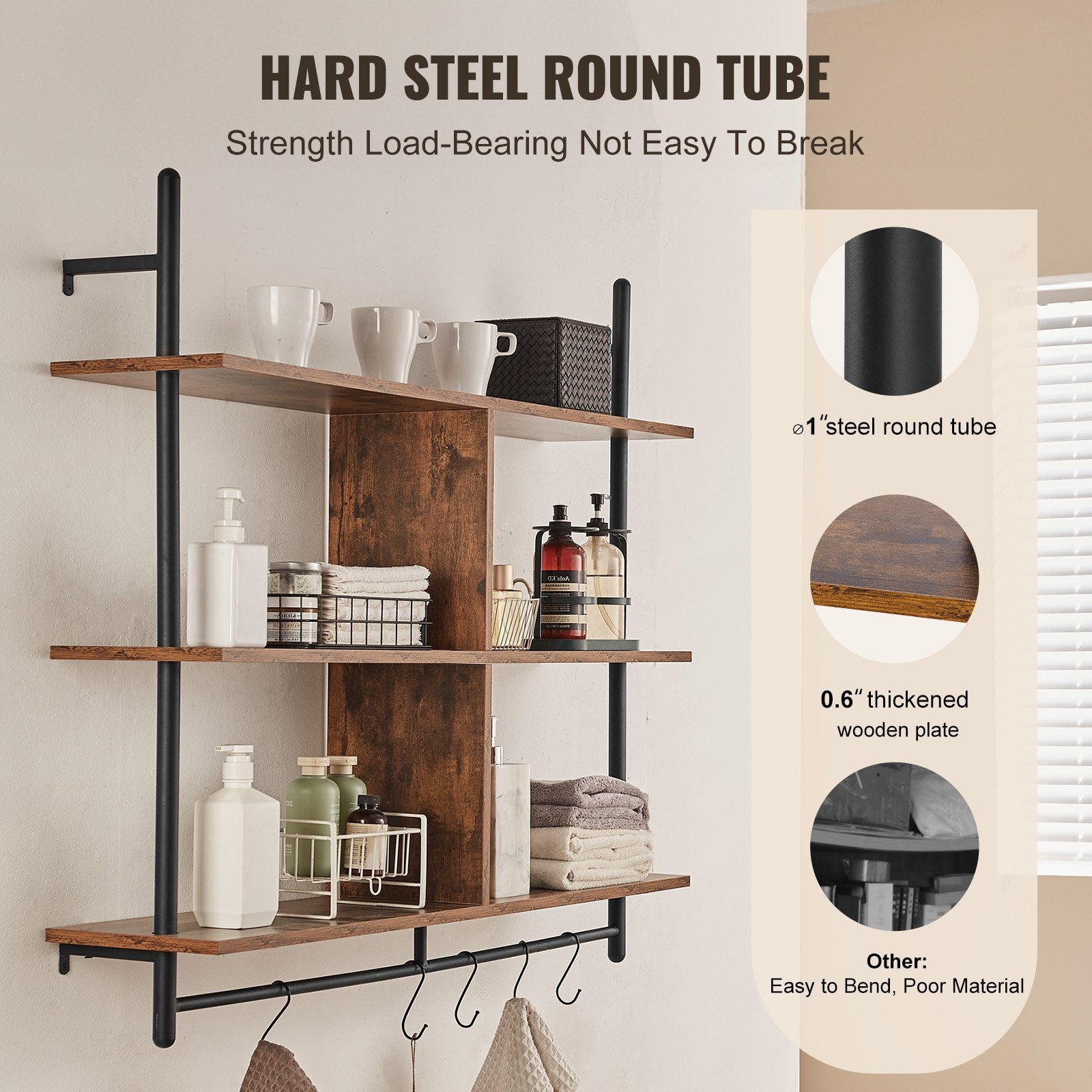 Industrial Pipe Shelf 3 Tier 41.5x9.84in Wall-Mount RusticWood Bookshelf Black