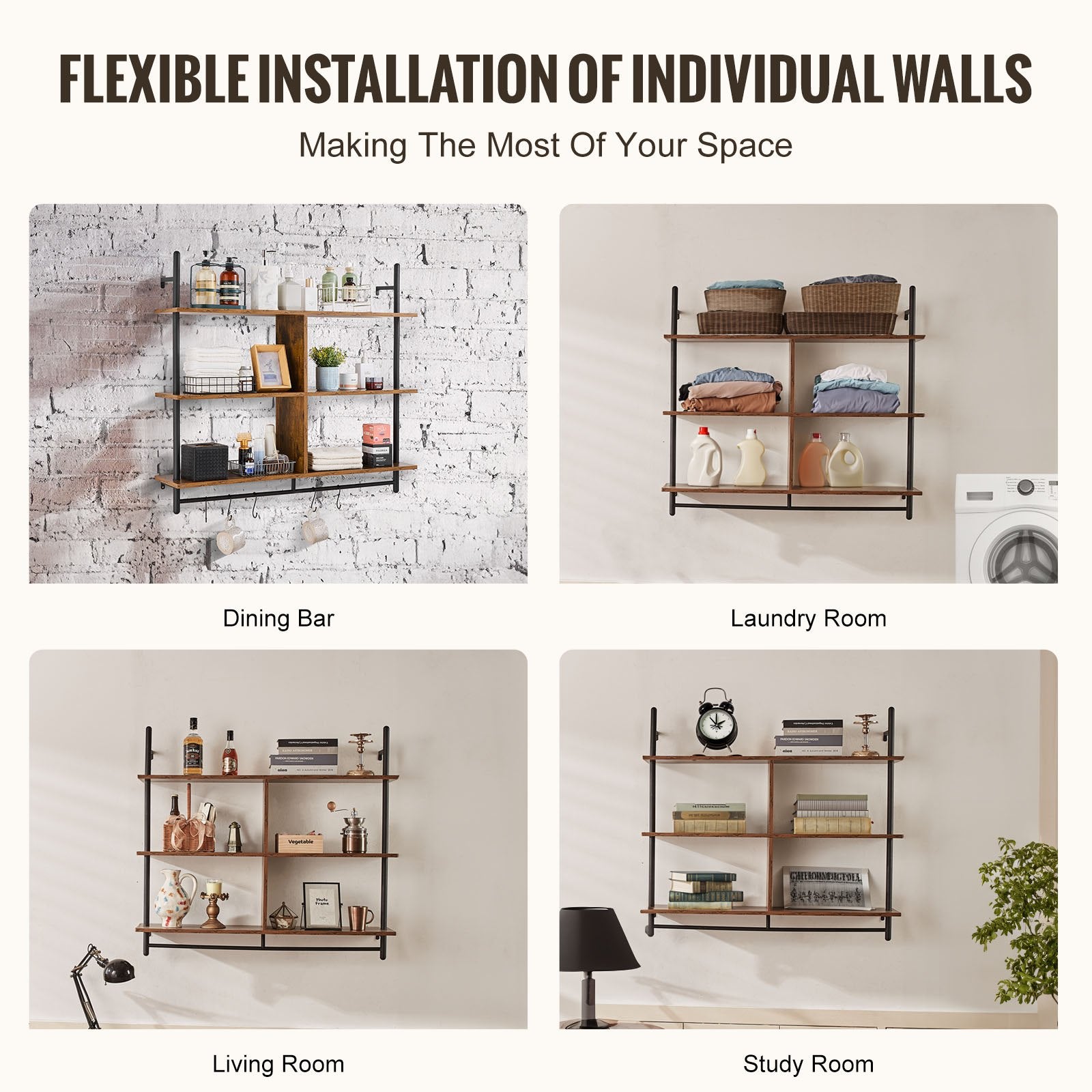 Industrial Pipe Shelf 3 Tier 41.5x9.84in Wall-Mount RusticWood Bookshelf Black