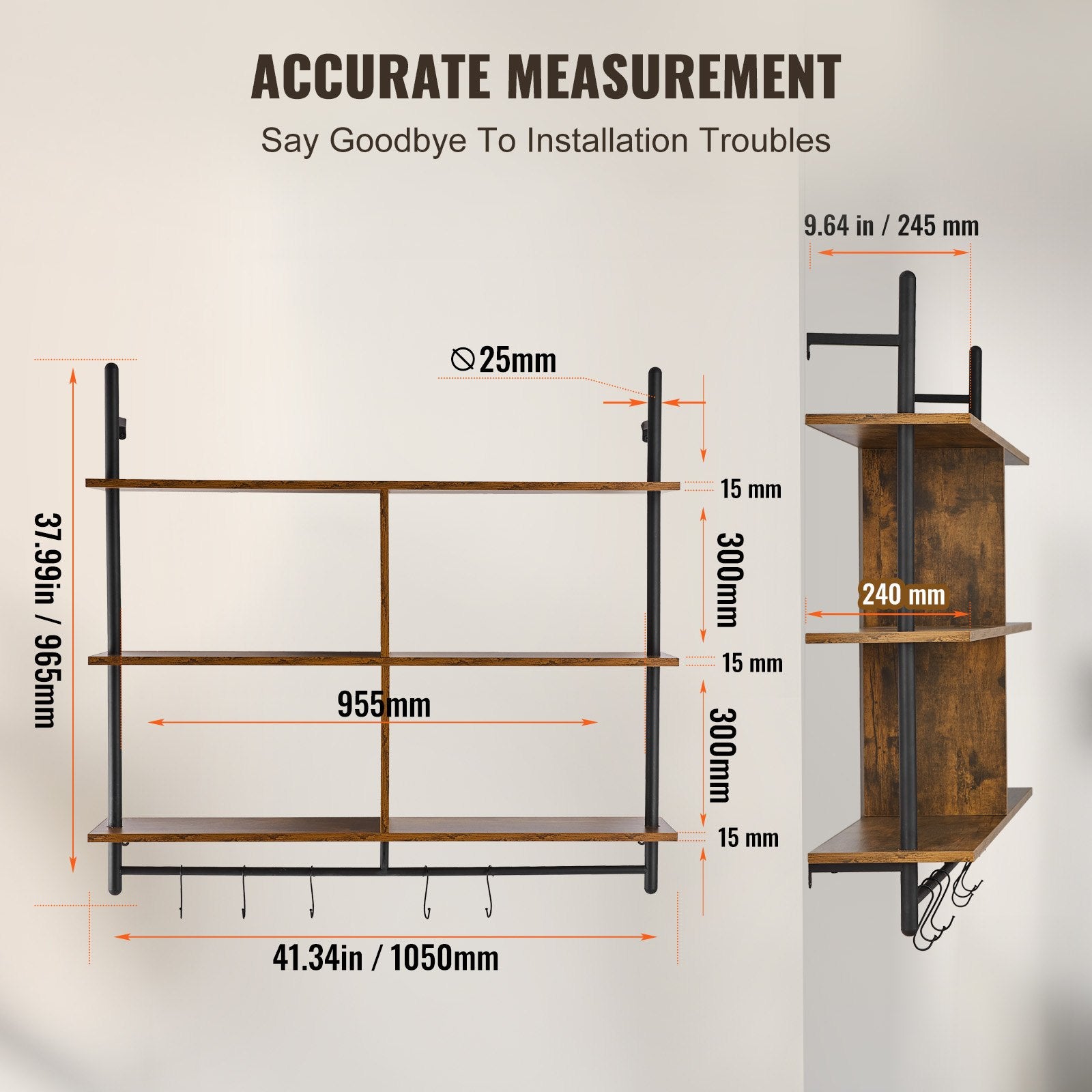 Industrial Pipe Shelf 3 Tier 41.5x9.84in Wall-Mount RusticWood Bookshelf Black