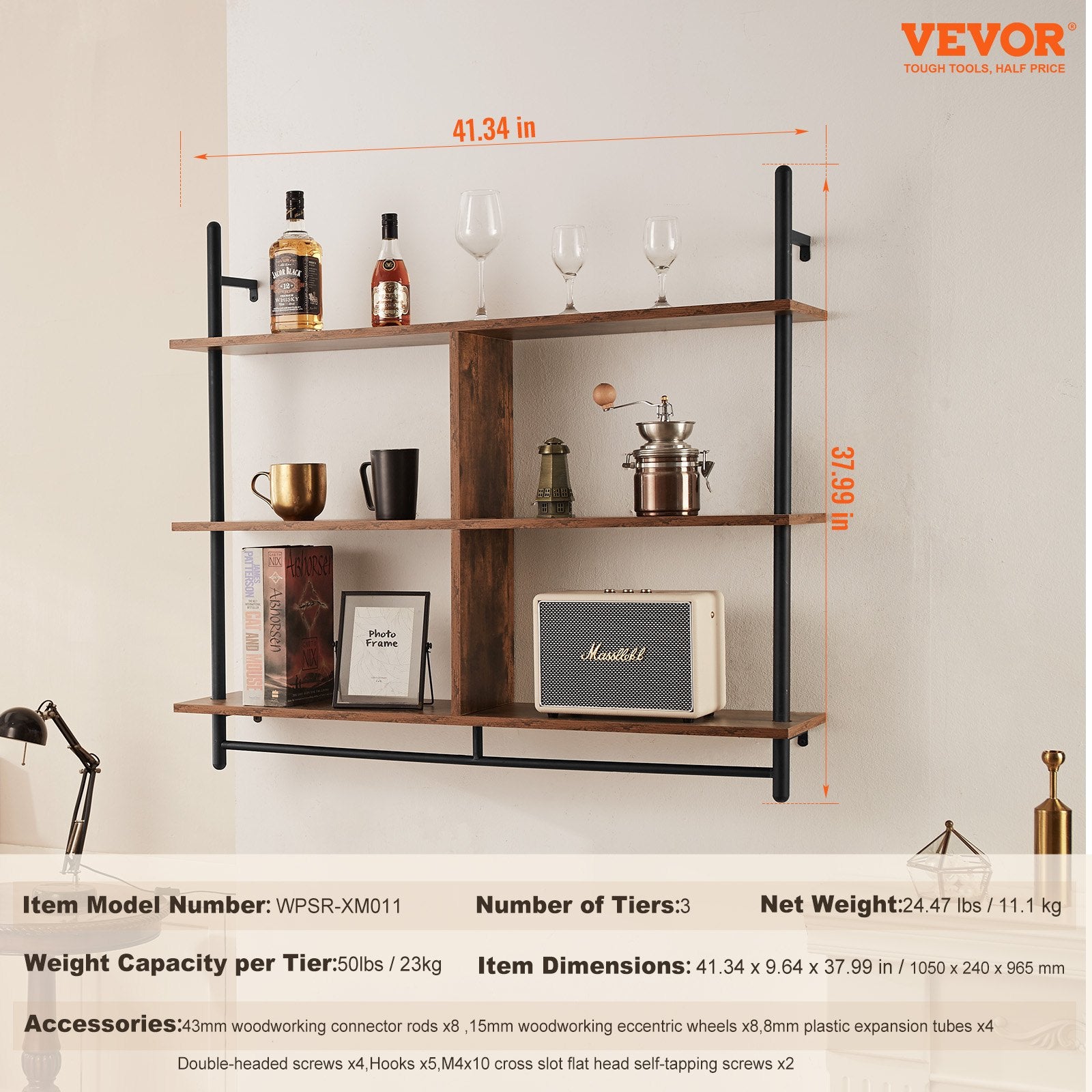 Industrial Pipe Shelf 3 Tier 41.5x9.84in Wall-Mount RusticWood Bookshelf Black