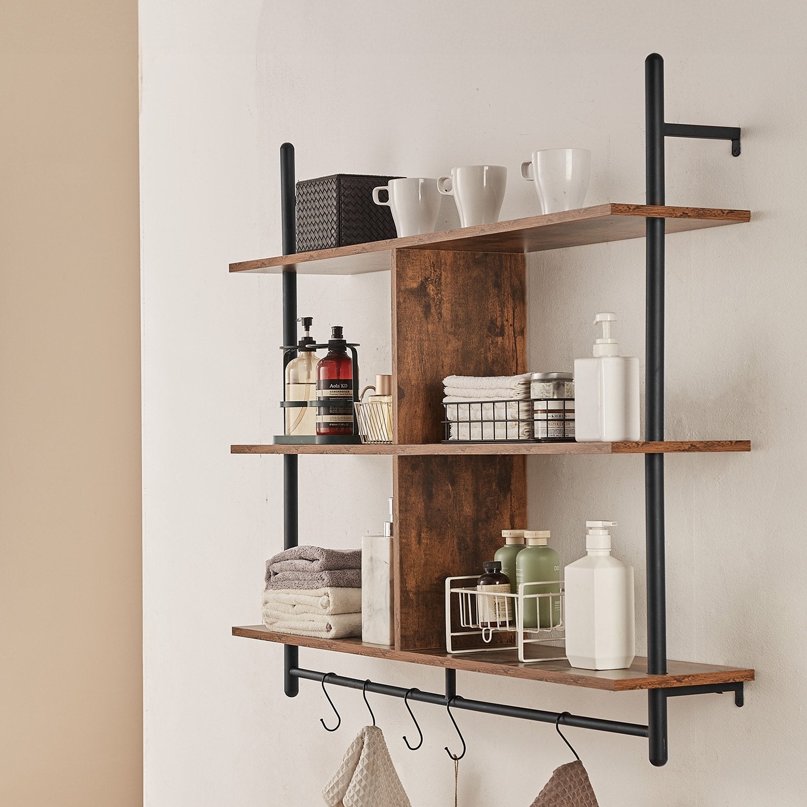 Industrial Pipe Shelf 3 Tier 41.5x9.84in Wall-Mount RusticWood Bookshelf Black