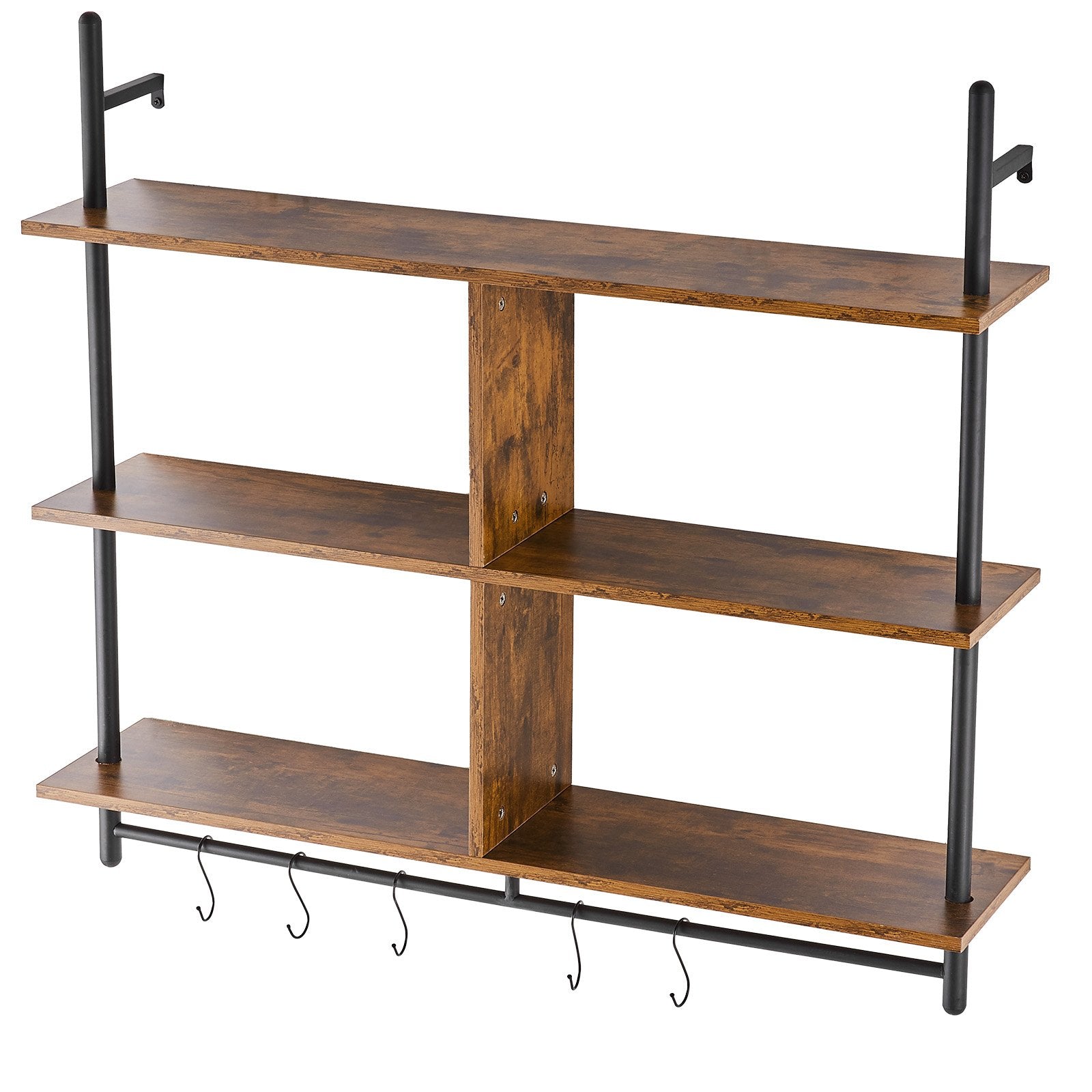 Industrial Pipe Shelf 3 Tier 41.5x9.84in Wall-Mount RusticWood Bookshelf Black