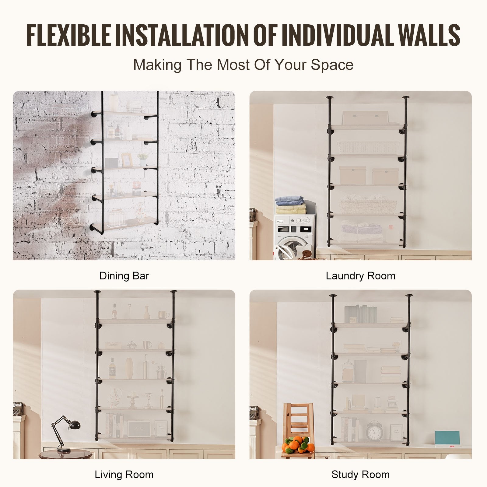 Industrial Pipe Shelf 5 Tier 2PCS 9.84in Wall-Mount RusticWood Bracket No Planks