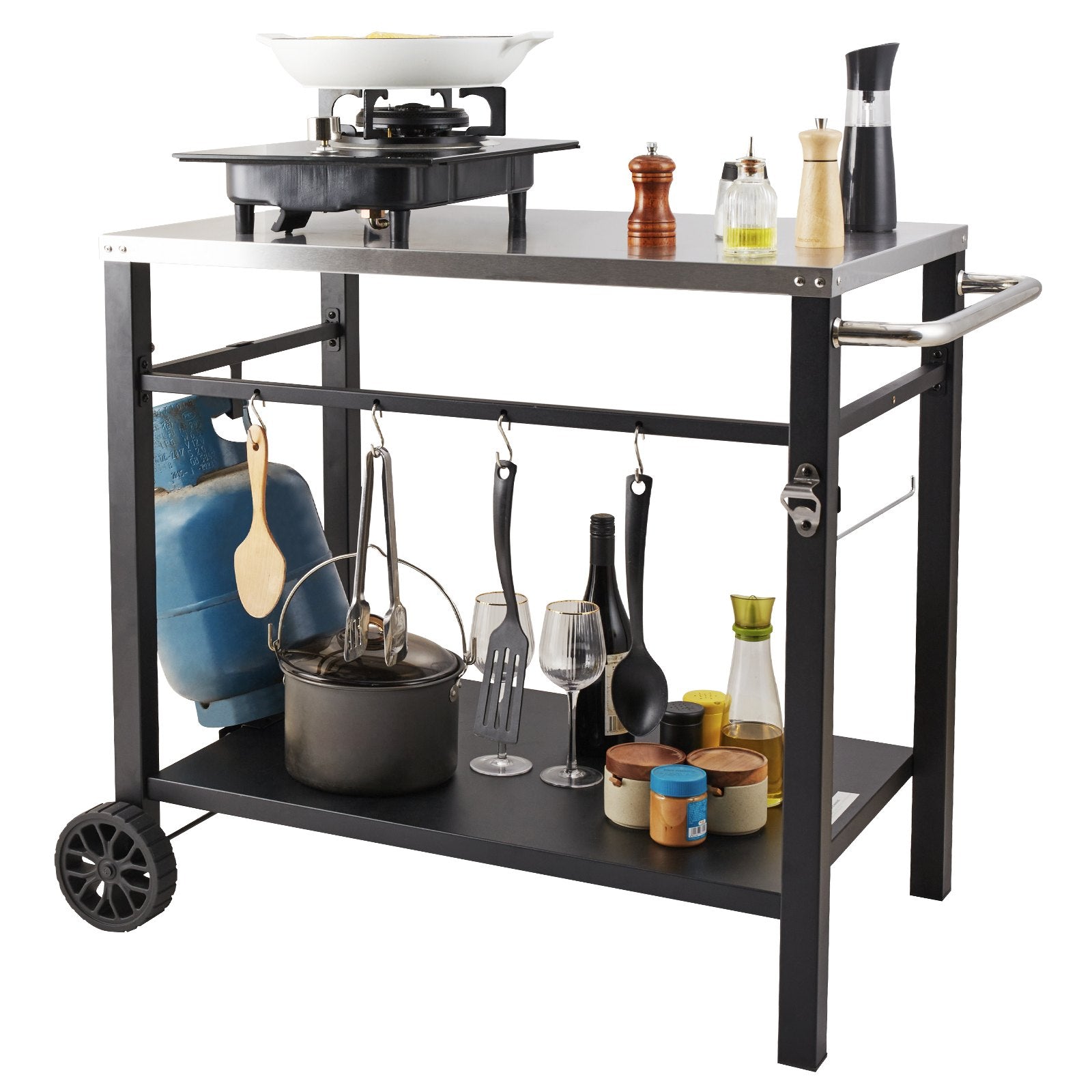 Outdoor Grill Dining Cart Double-Shelf BBQ Stainless Steel Table with Wheels