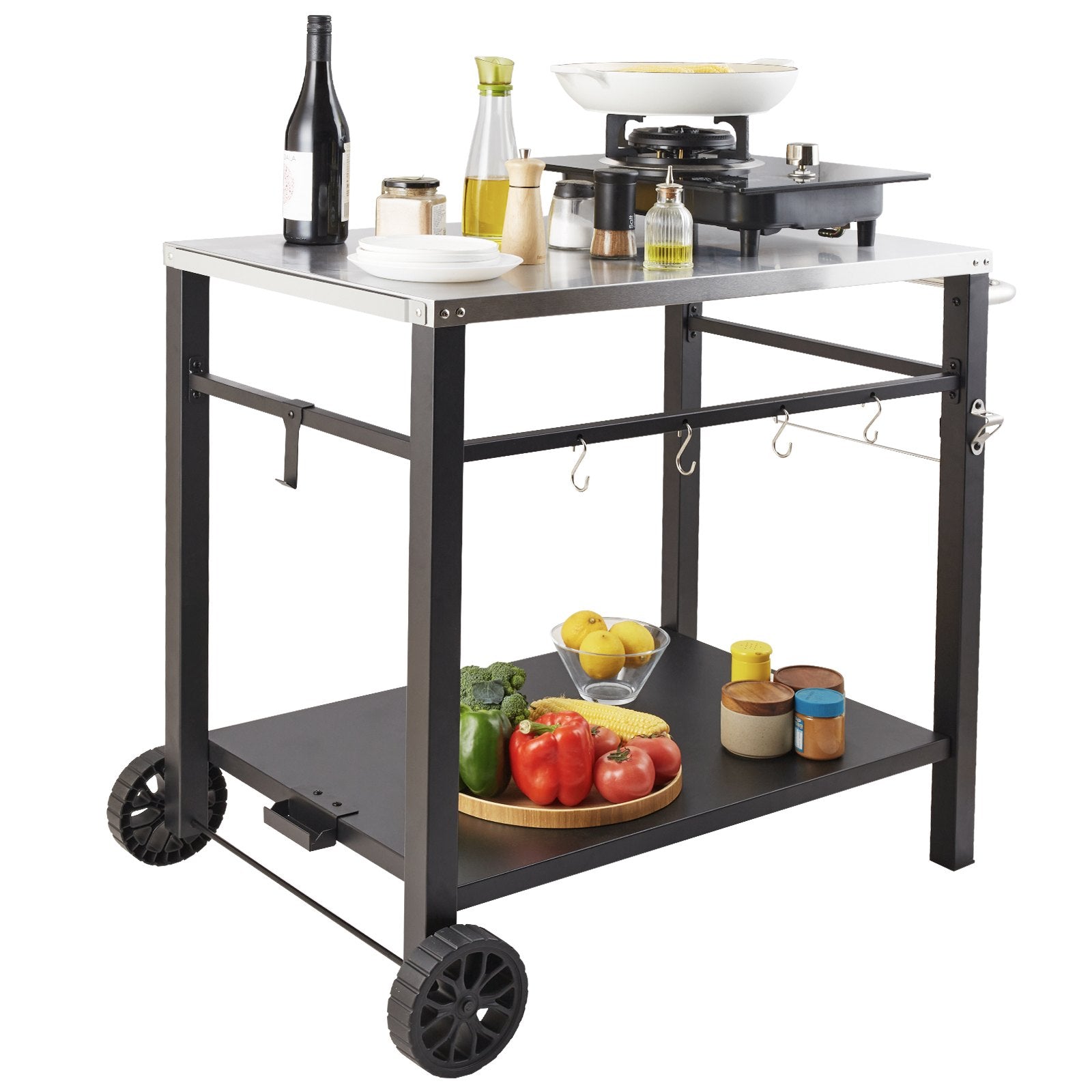 Outdoor Grill Dining Cart Double-Shelf BBQ Stainless Steel Table with Wheels