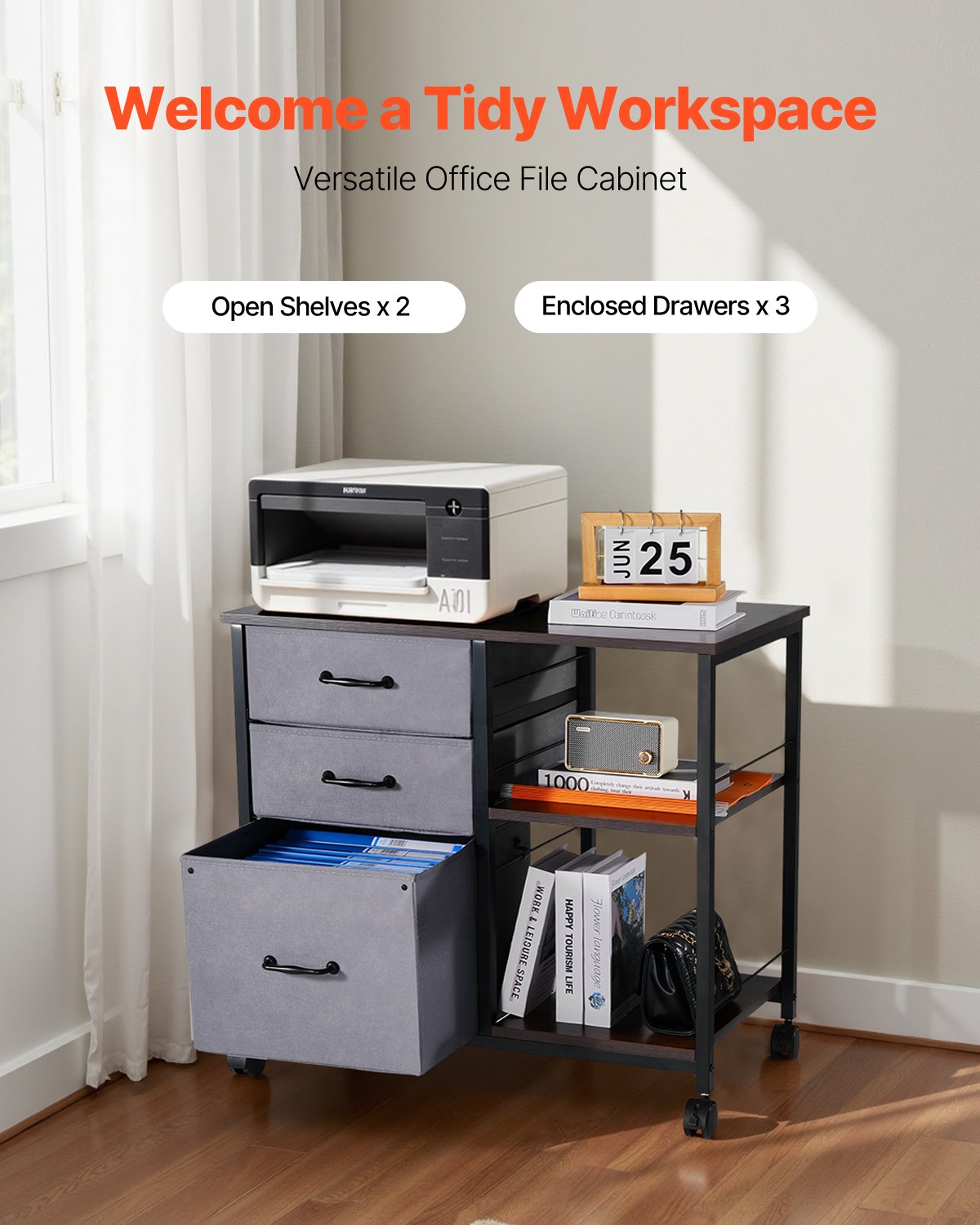 Metal File Cabinet Mobile 3 Fabric Drawers 2 Open Shelves Wooden Storage Brown