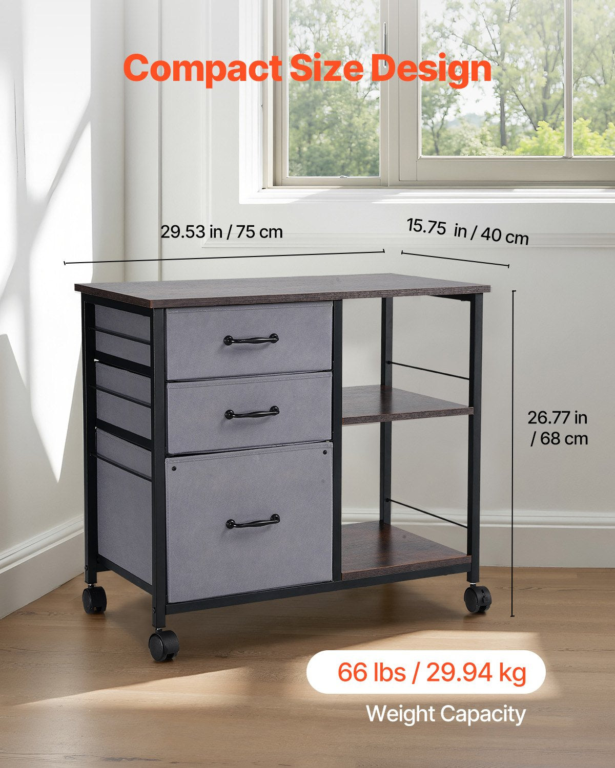 Metal File Cabinet Mobile 3 Fabric Drawers 2 Open Shelves Wooden Storage Brown