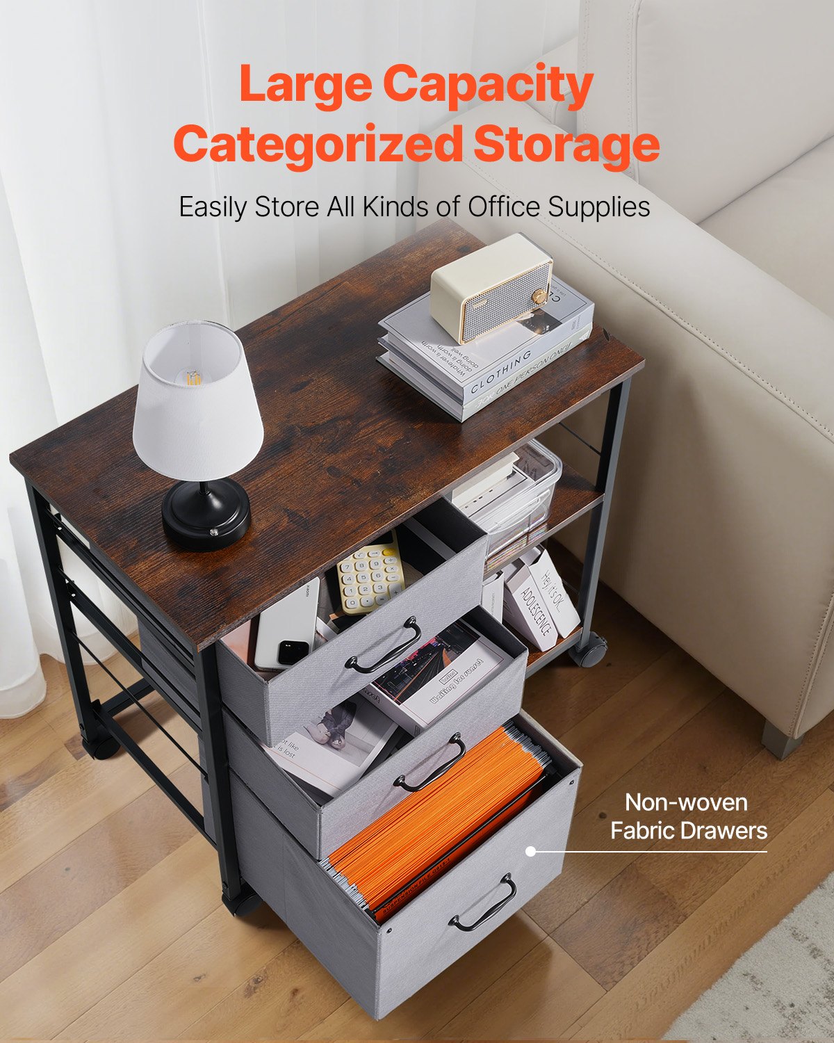 Metal File Cabinet Mobile 3 Fabric Drawers 2 Open Shelves Wooden Storage Brown