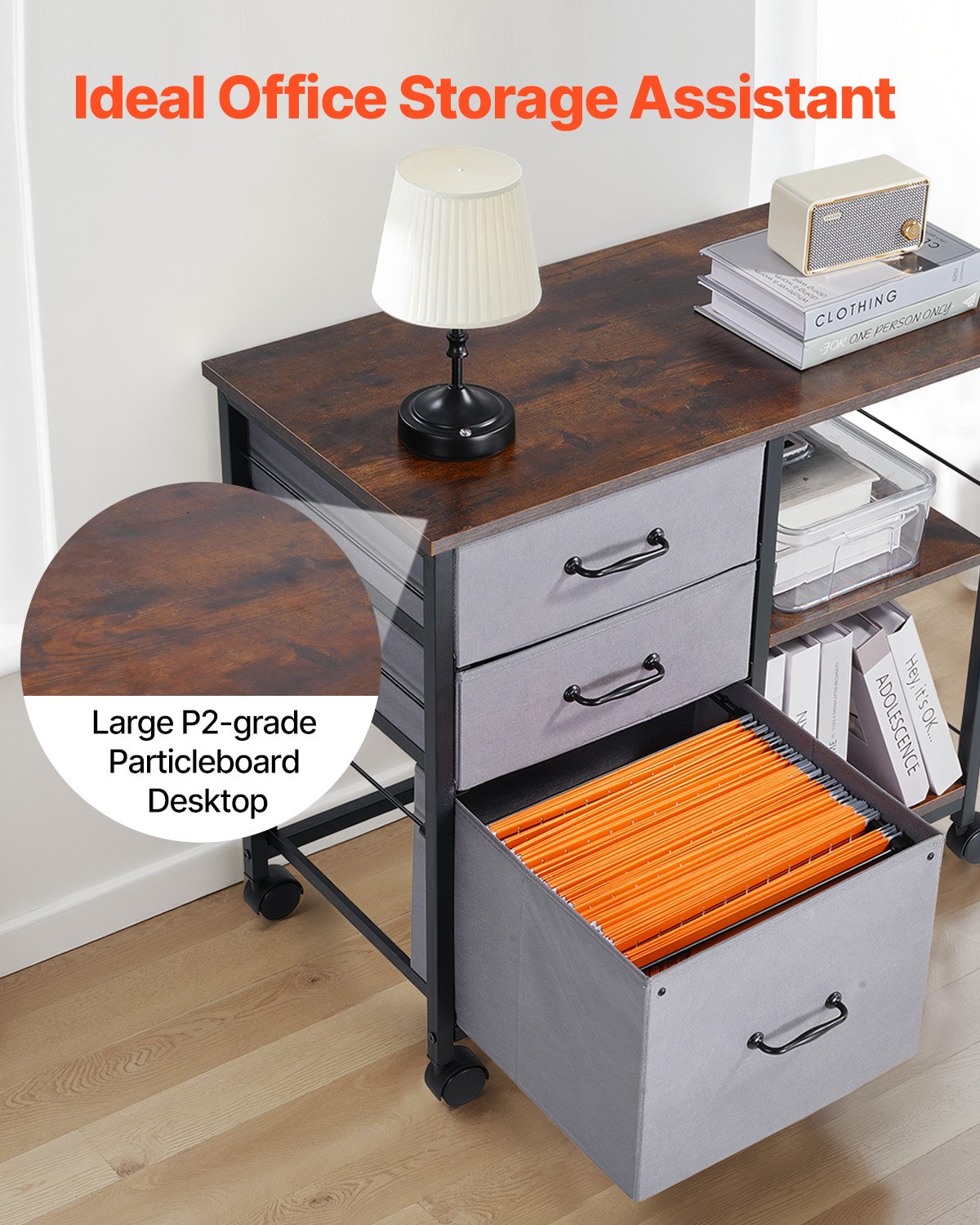 Metal File Cabinet Mobile 3 Fabric Drawers 2 Open Shelves Wooden Storage Brown