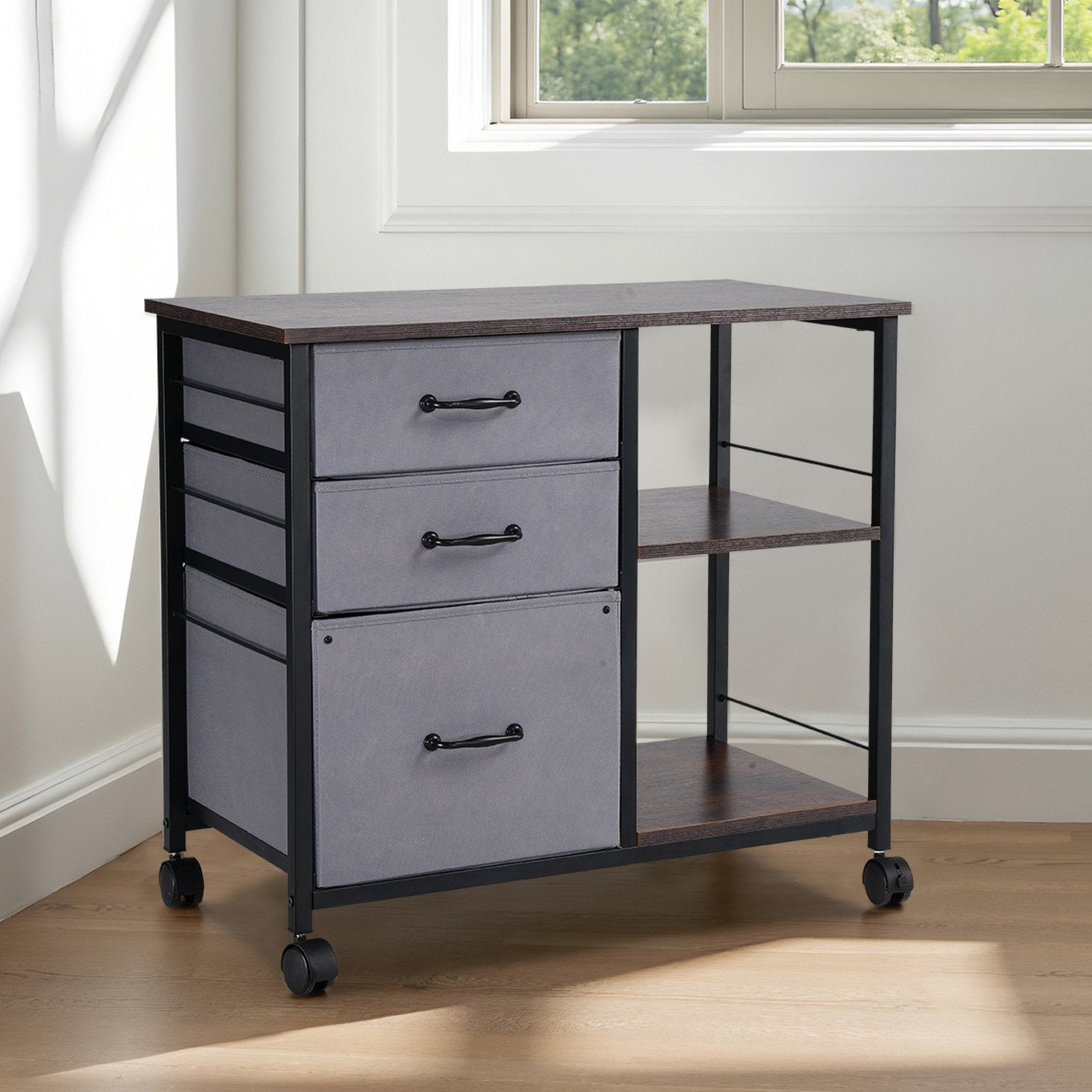 Metal File Cabinet Mobile 3 Fabric Drawers 2 Open Shelves Wooden Storage Brown