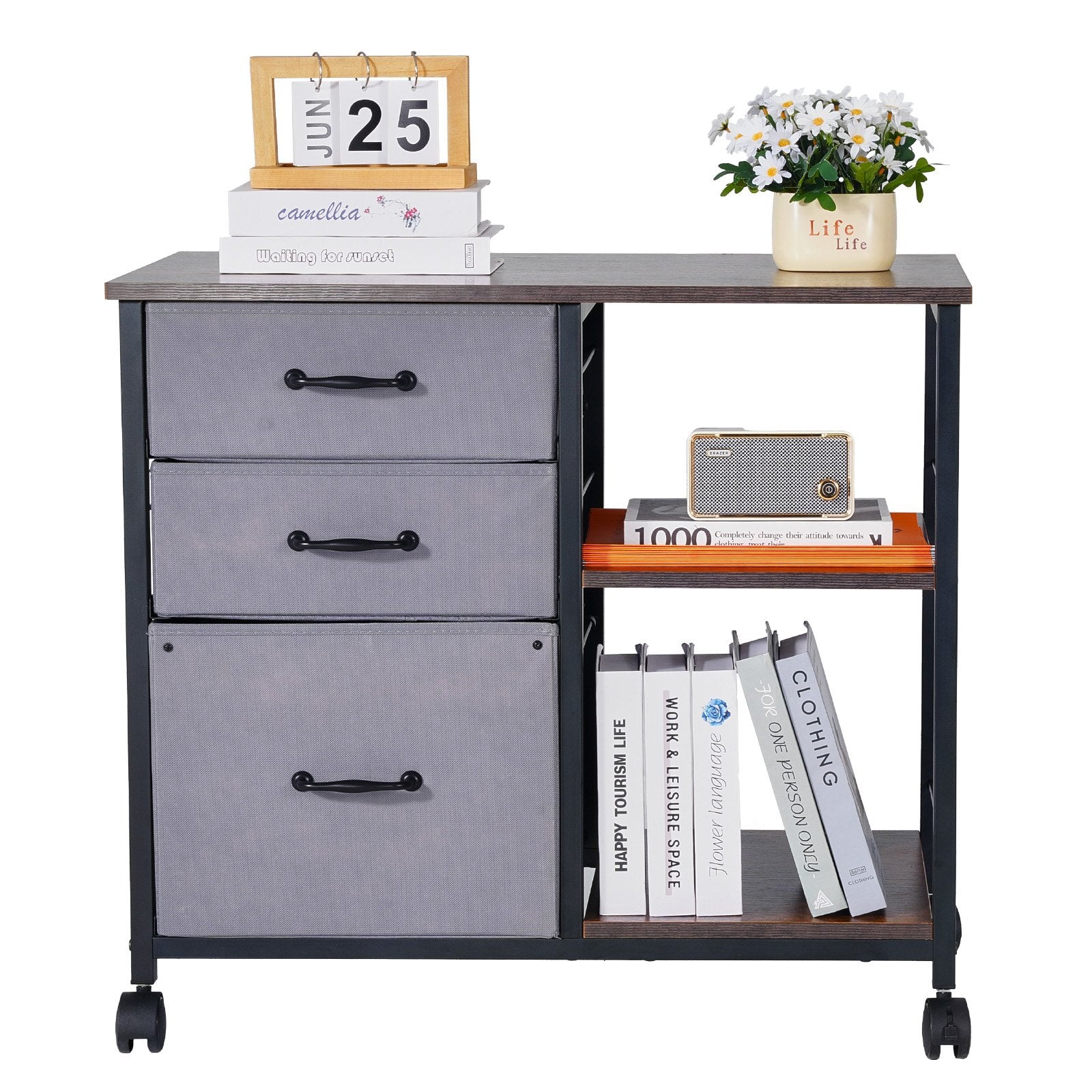 Metal File Cabinet Mobile 3 Fabric Drawers 2 Open Shelves Wooden Storage Brown