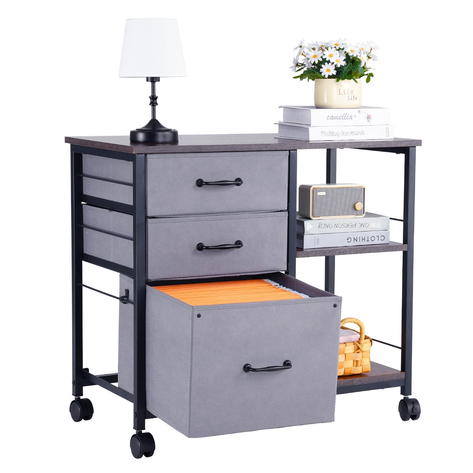 Metal File Cabinet Mobile 3 Fabric Drawers 2 Open Shelves Wooden Storage Brown
