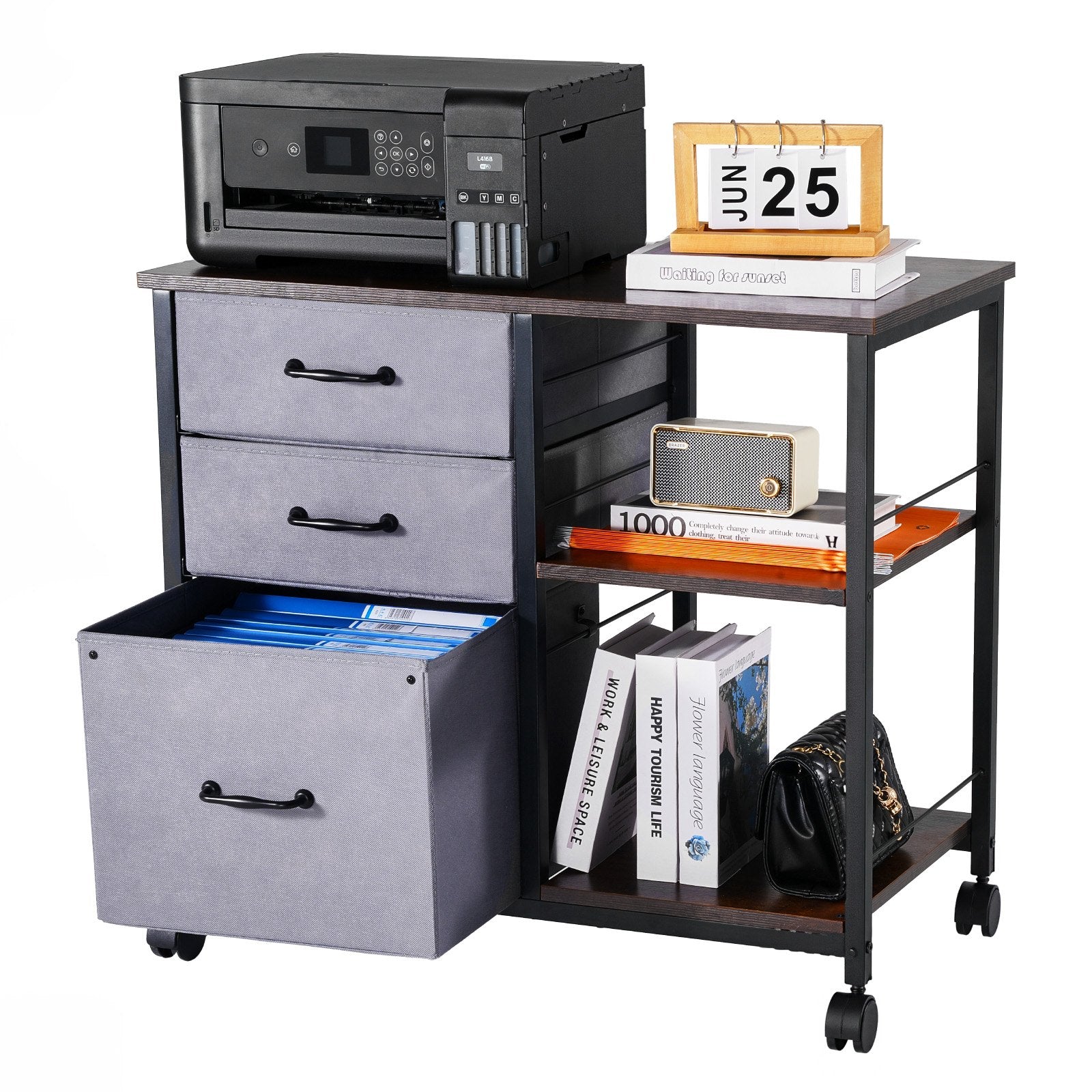 Metal File Cabinet Mobile 3 Fabric Drawers 2 Open Shelves Wooden Storage Brown