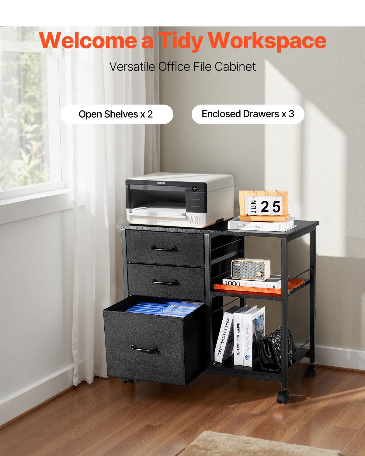 Metal File Cabinet Mobile 3 Fabric Drawers 2 Open Shelves Wooden Storage Black