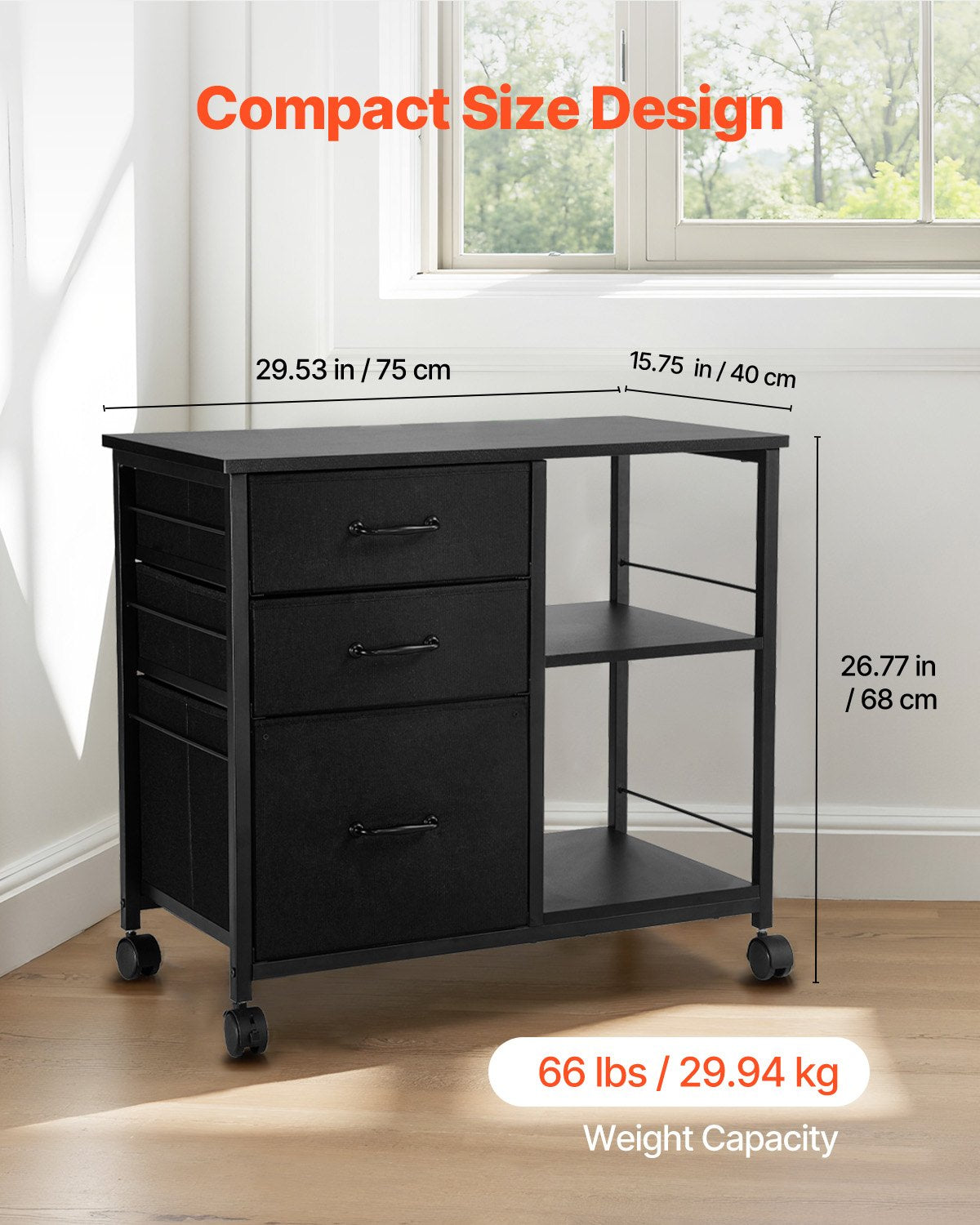Metal File Cabinet Mobile 3 Fabric Drawers 2 Open Shelves Wooden Storage Black