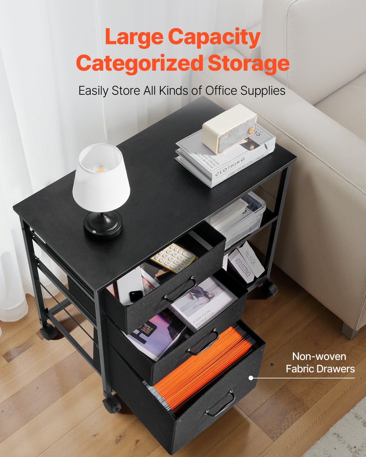 Metal File Cabinet Mobile 3 Fabric Drawers 2 Open Shelves Wooden Storage Black