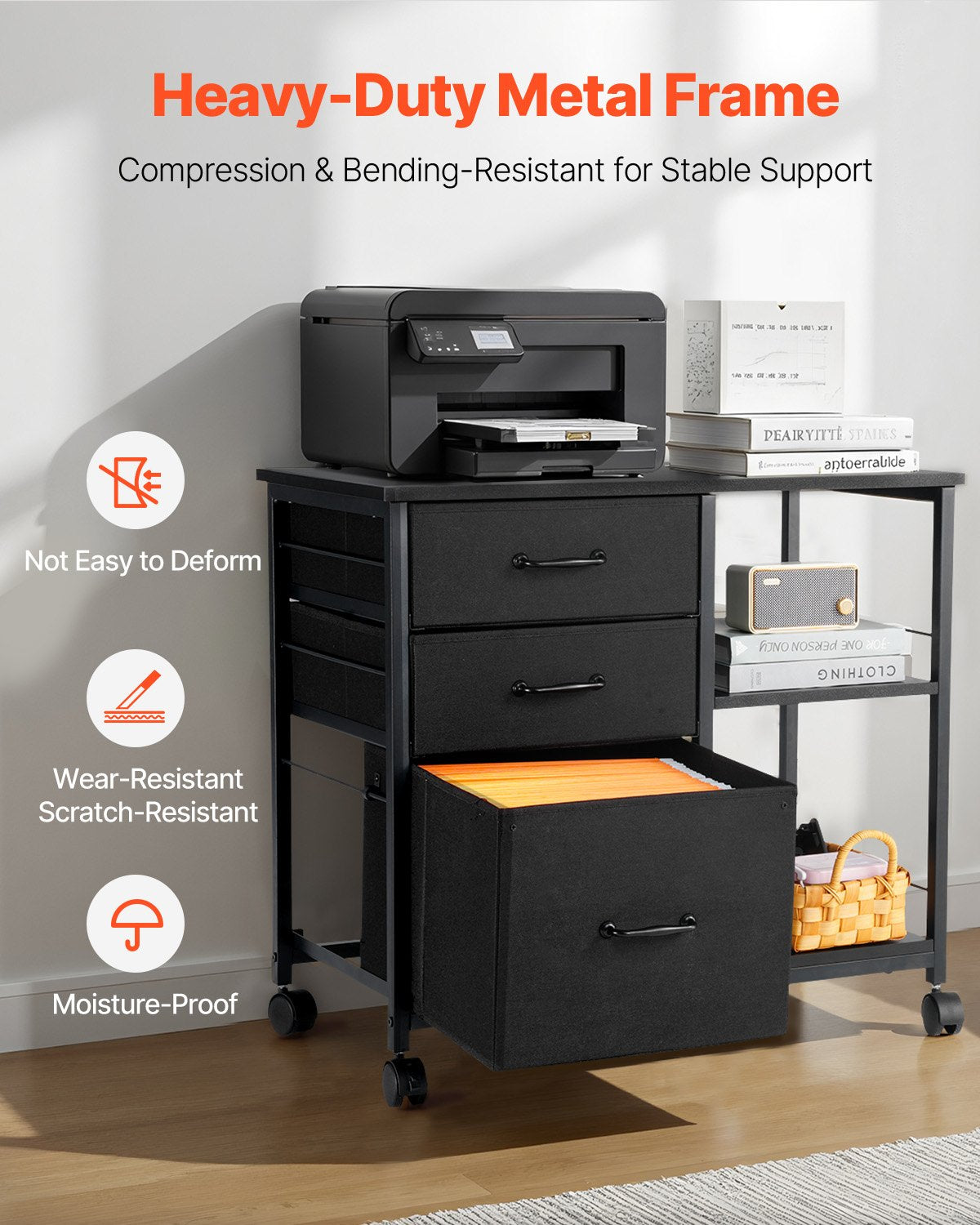 Metal File Cabinet Mobile 3 Fabric Drawers 2 Open Shelves Wooden Storage Black