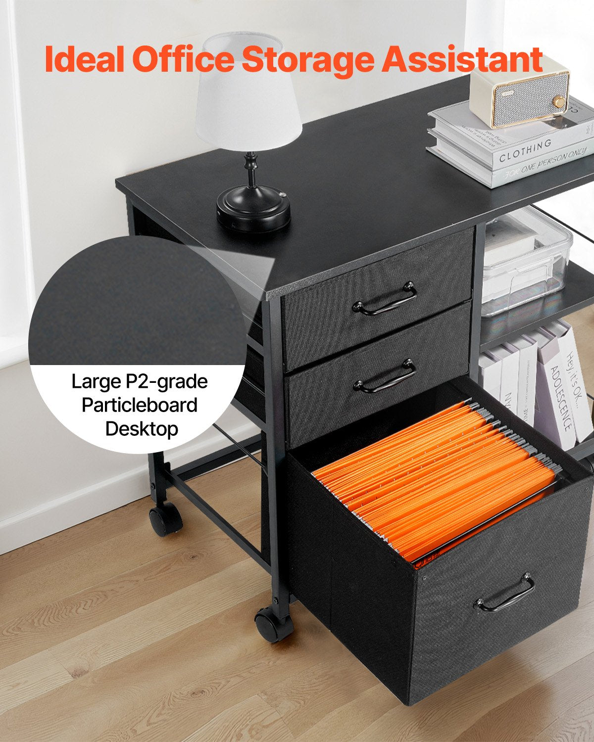 Metal File Cabinet Mobile 3 Fabric Drawers 2 Open Shelves Wooden Storage Black