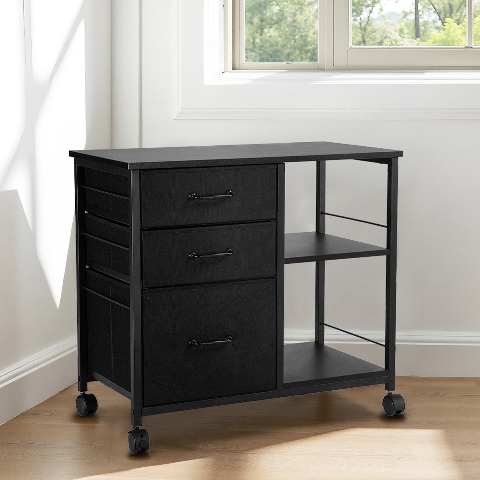 Metal File Cabinet Mobile 3 Fabric Drawers 2 Open Shelves Wooden Storage Black