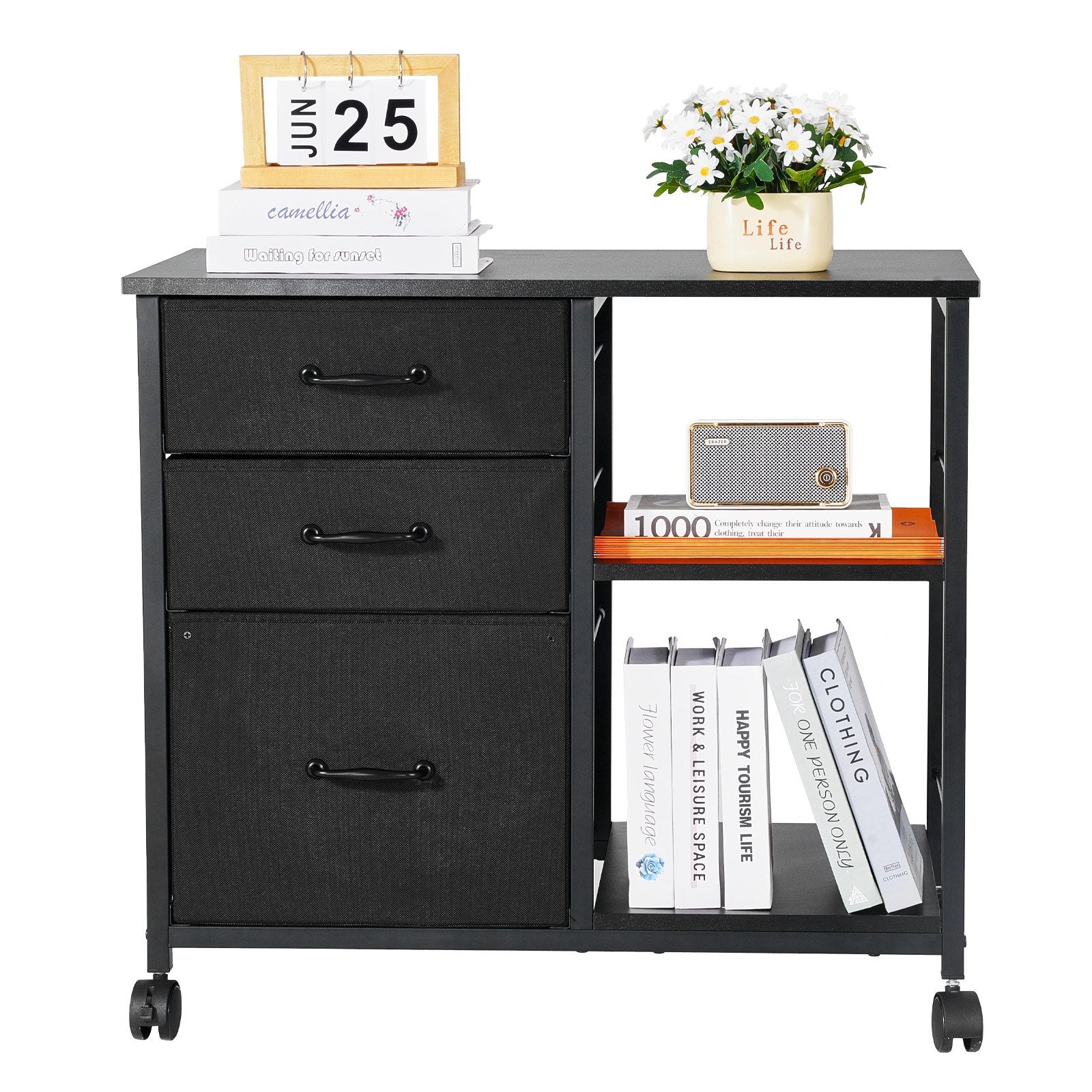 Metal File Cabinet Mobile 3 Fabric Drawers 2 Open Shelves Wooden Storage Black