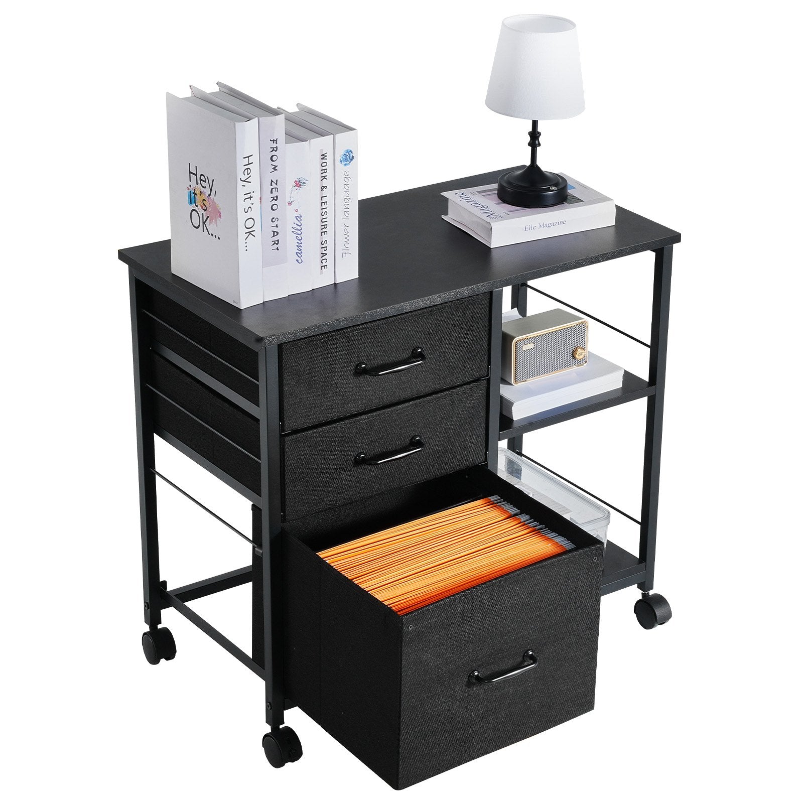 Metal File Cabinet Mobile 3 Fabric Drawers 2 Open Shelves Wooden Storage Black