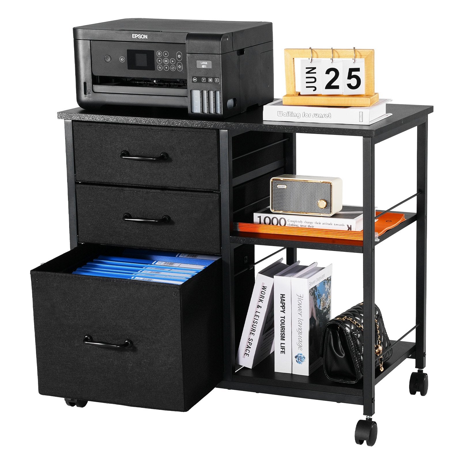 Metal File Cabinet Mobile 3 Fabric Drawers 2 Open Shelves Wooden Storage Black