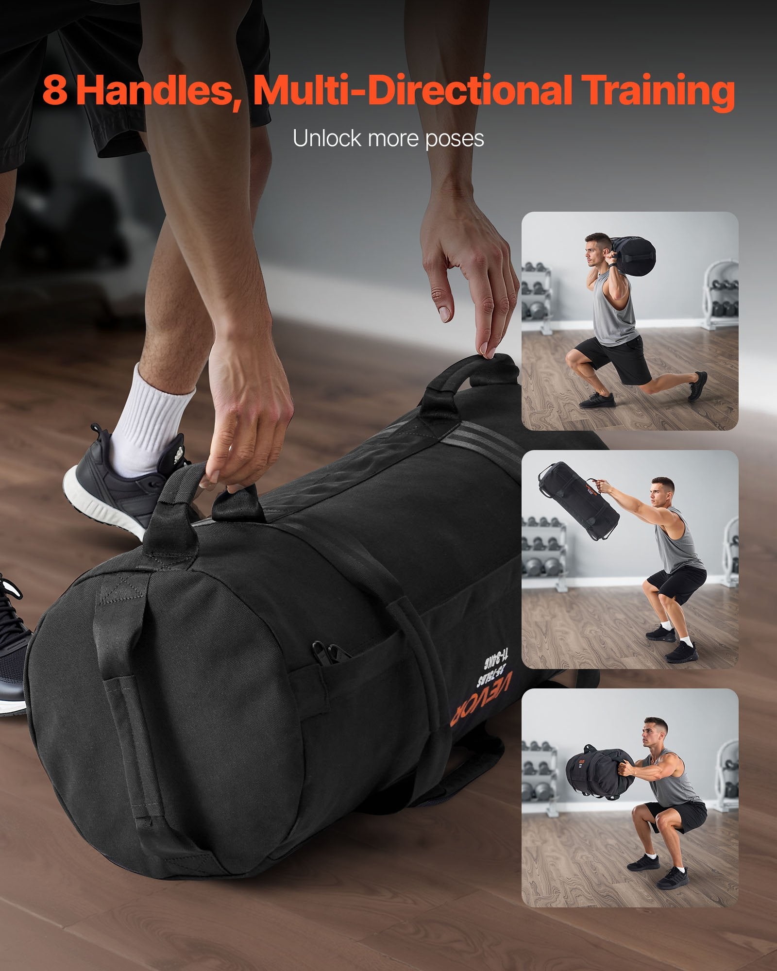 Workout Sandbag Adjustable 11-34kg Heavy Duty Handles Strength Training Black