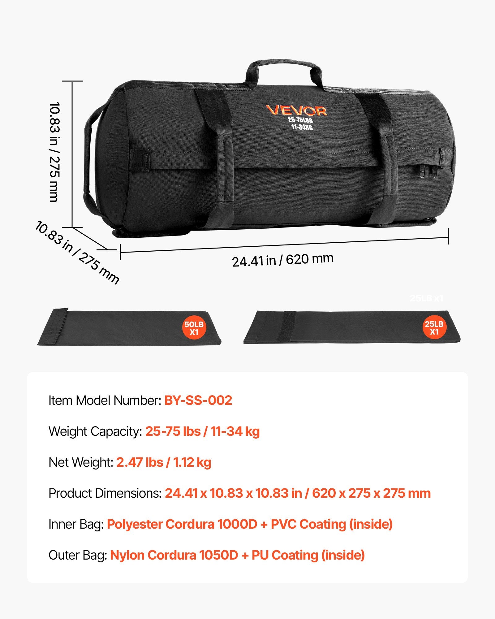 Workout Sandbag Adjustable 11-34kg Heavy Duty Handles Strength Training Black