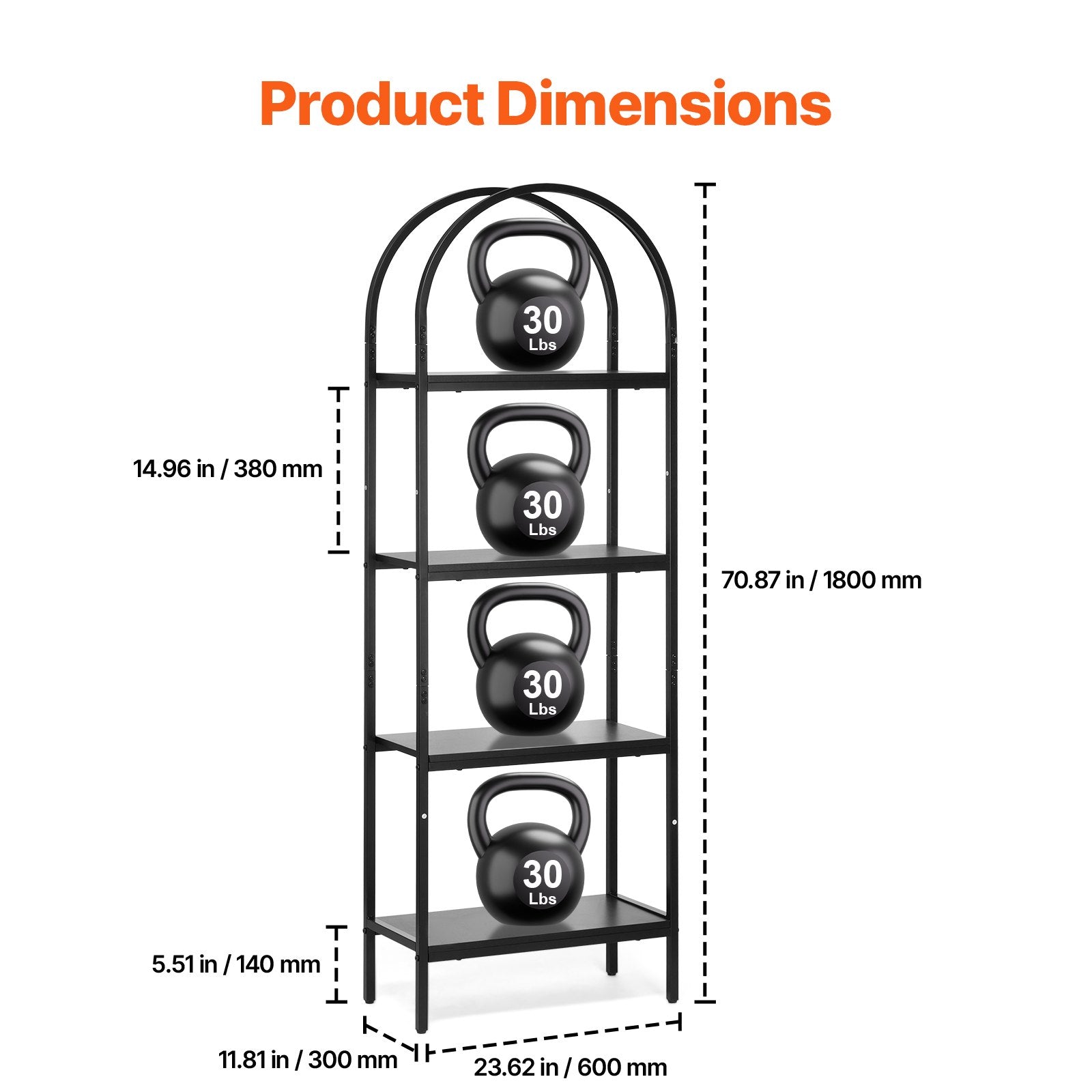 Metal 4-Tier Arched Industrial Bookshelf, Small Rustic Open Shelf Storage Rack