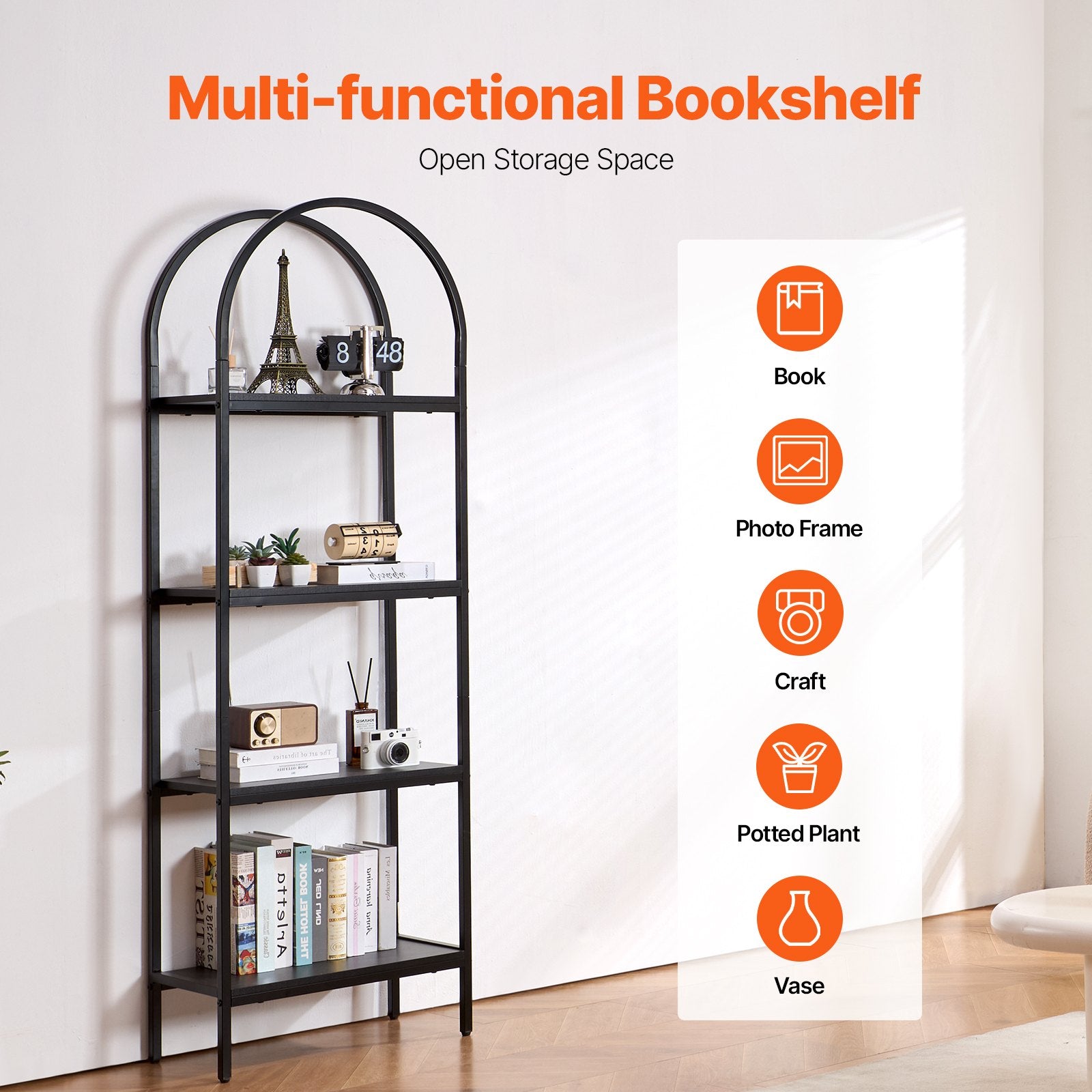 Metal 4-Tier Arched Industrial Bookshelf, Small Rustic Open Shelf Storage Rack