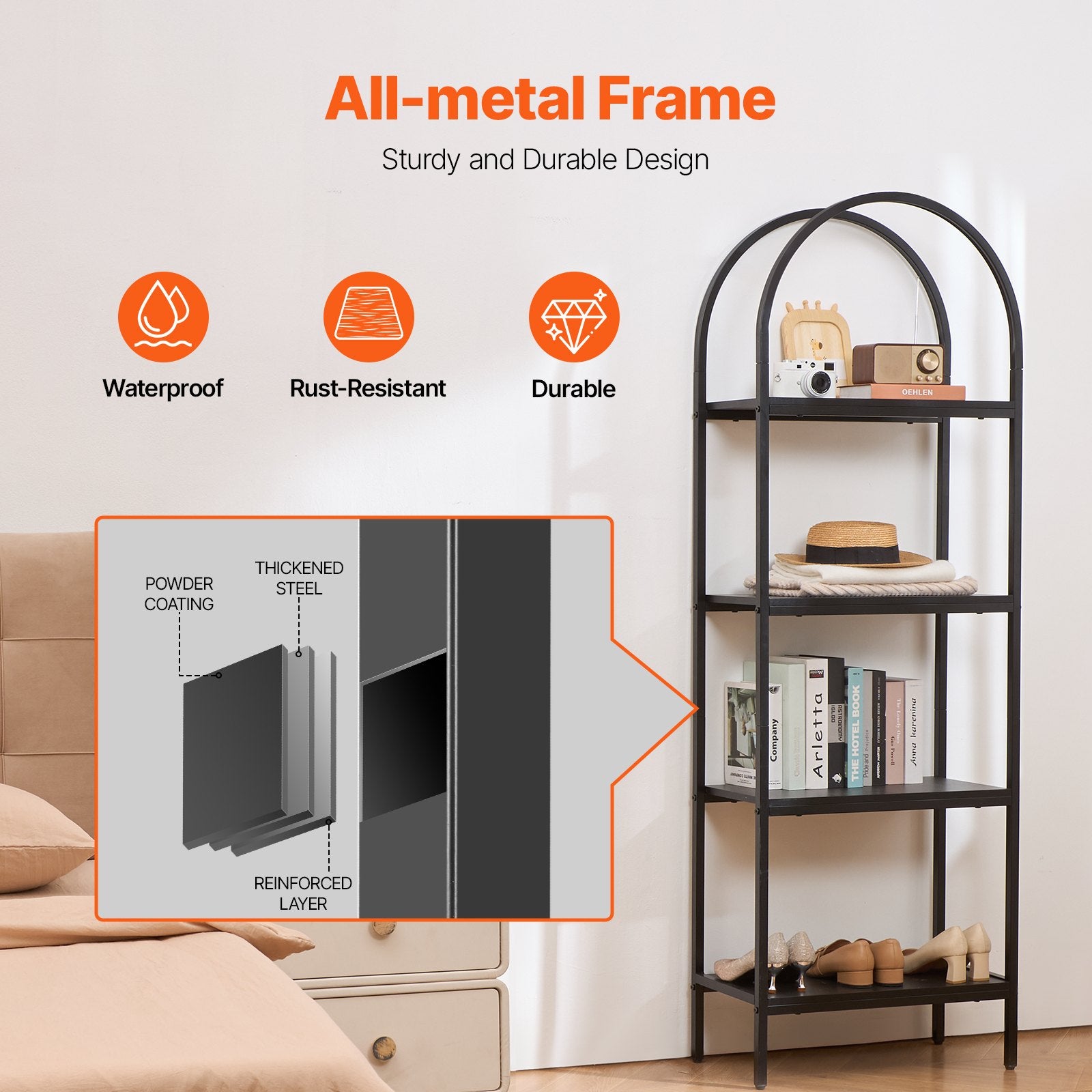 Metal 4-Tier Arched Industrial Bookshelf, Small Rustic Open Shelf Storage Rack