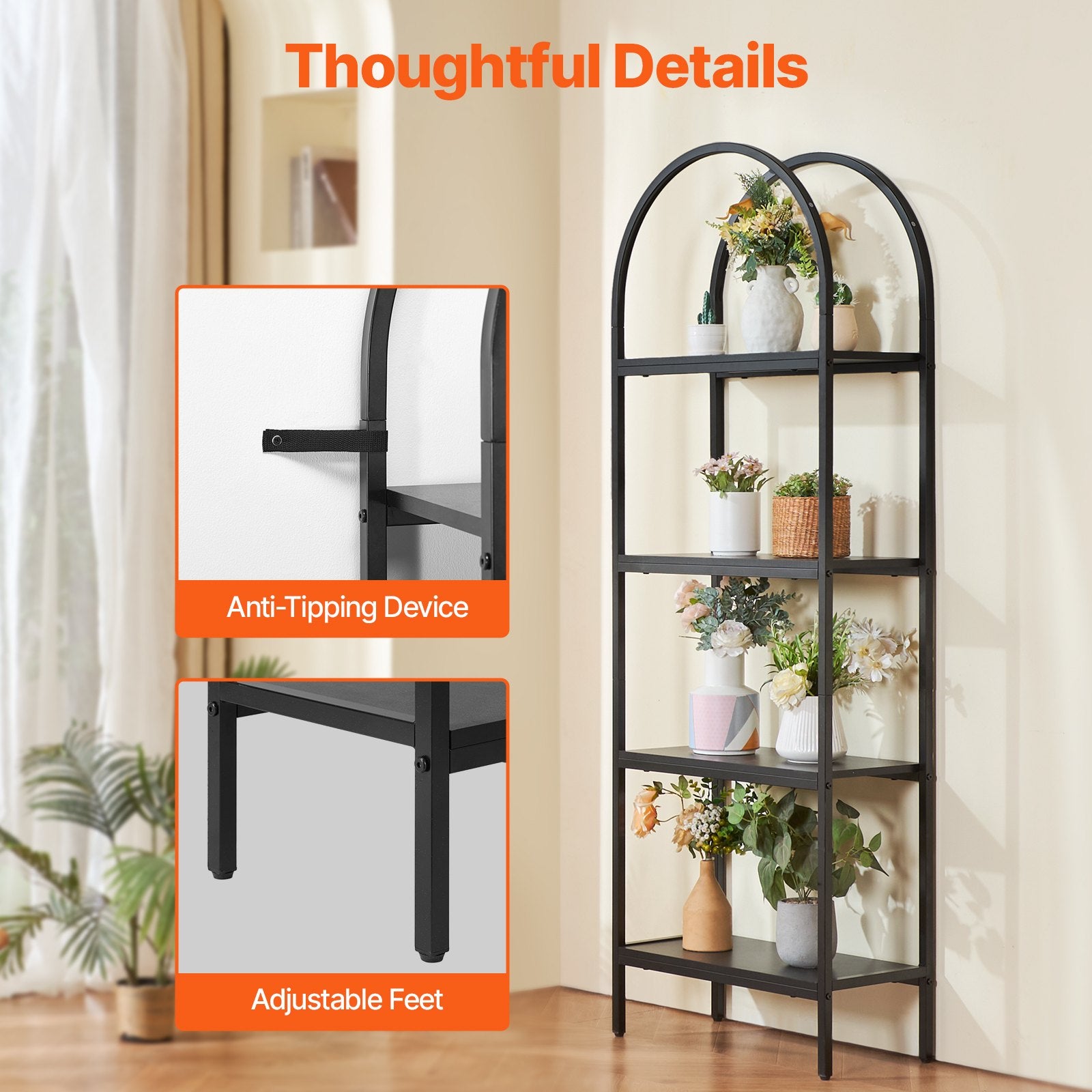 Metal 4-Tier Arched Industrial Bookshelf, Small Rustic Open Shelf Storage Rack