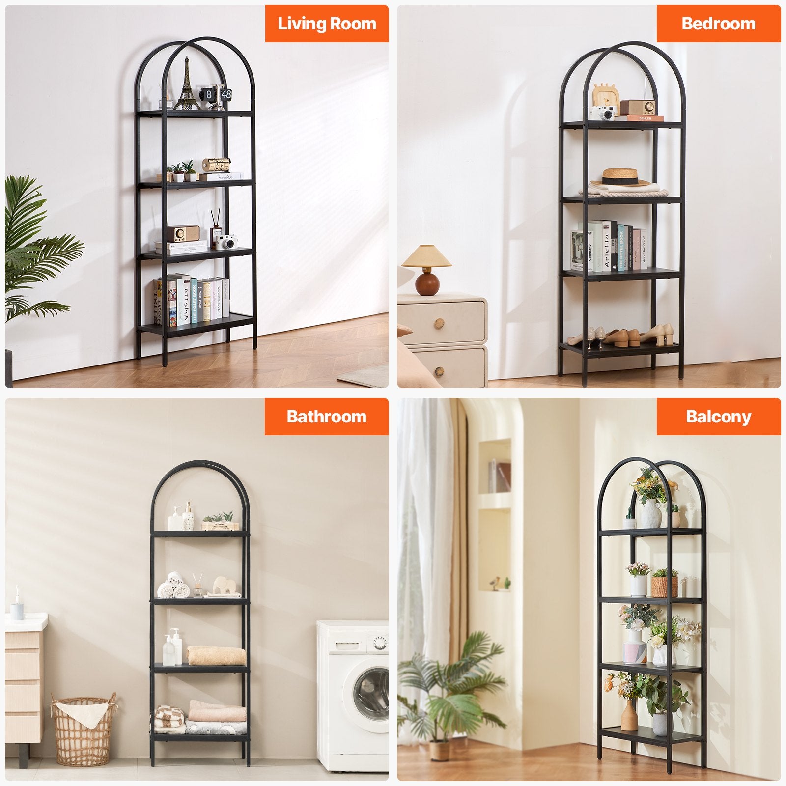 Metal 4-Tier Arched Industrial Bookshelf, Small Rustic Open Shelf Storage Rack
