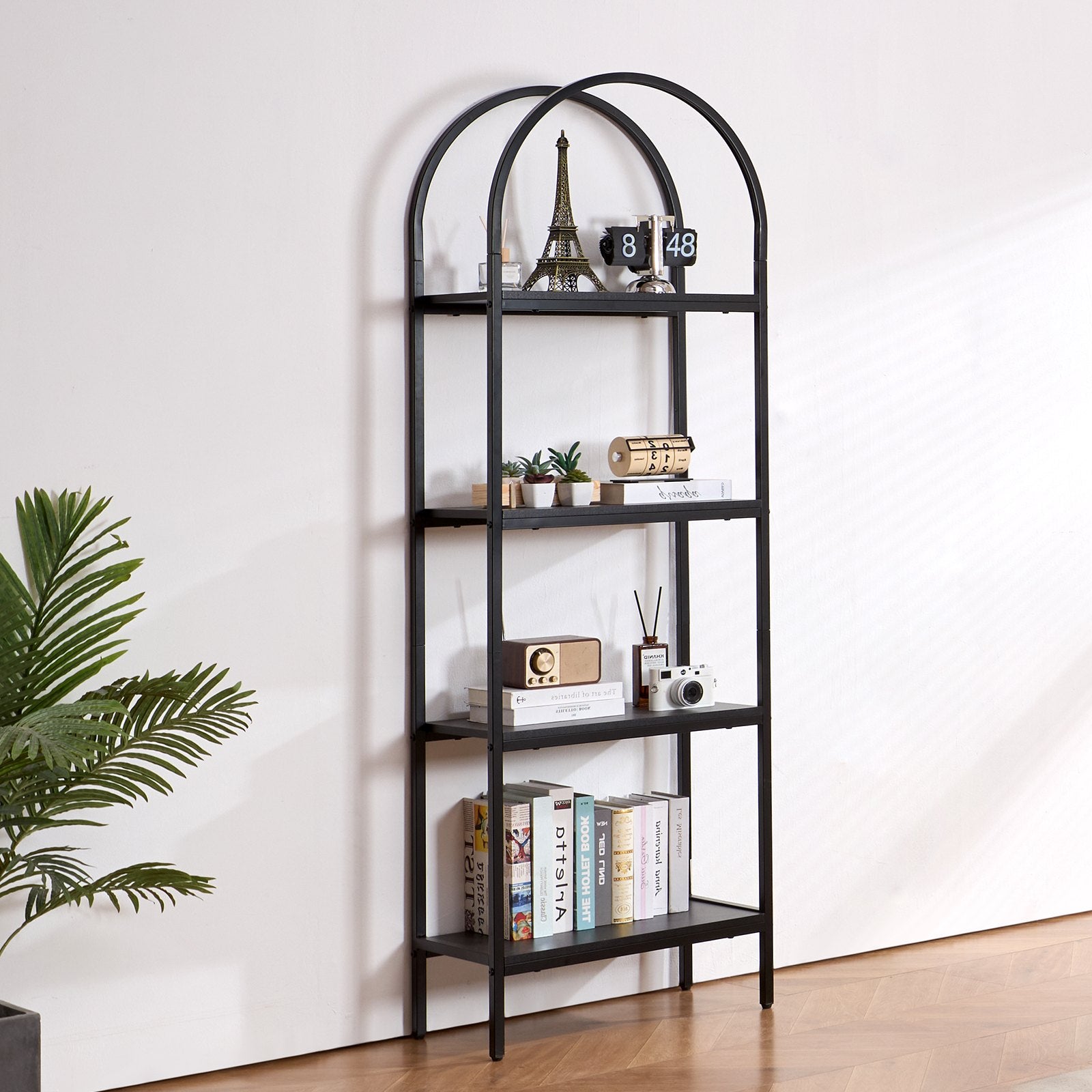 Metal 4-Tier Arched Industrial Bookshelf, Small Rustic Open Shelf Storage Rack
