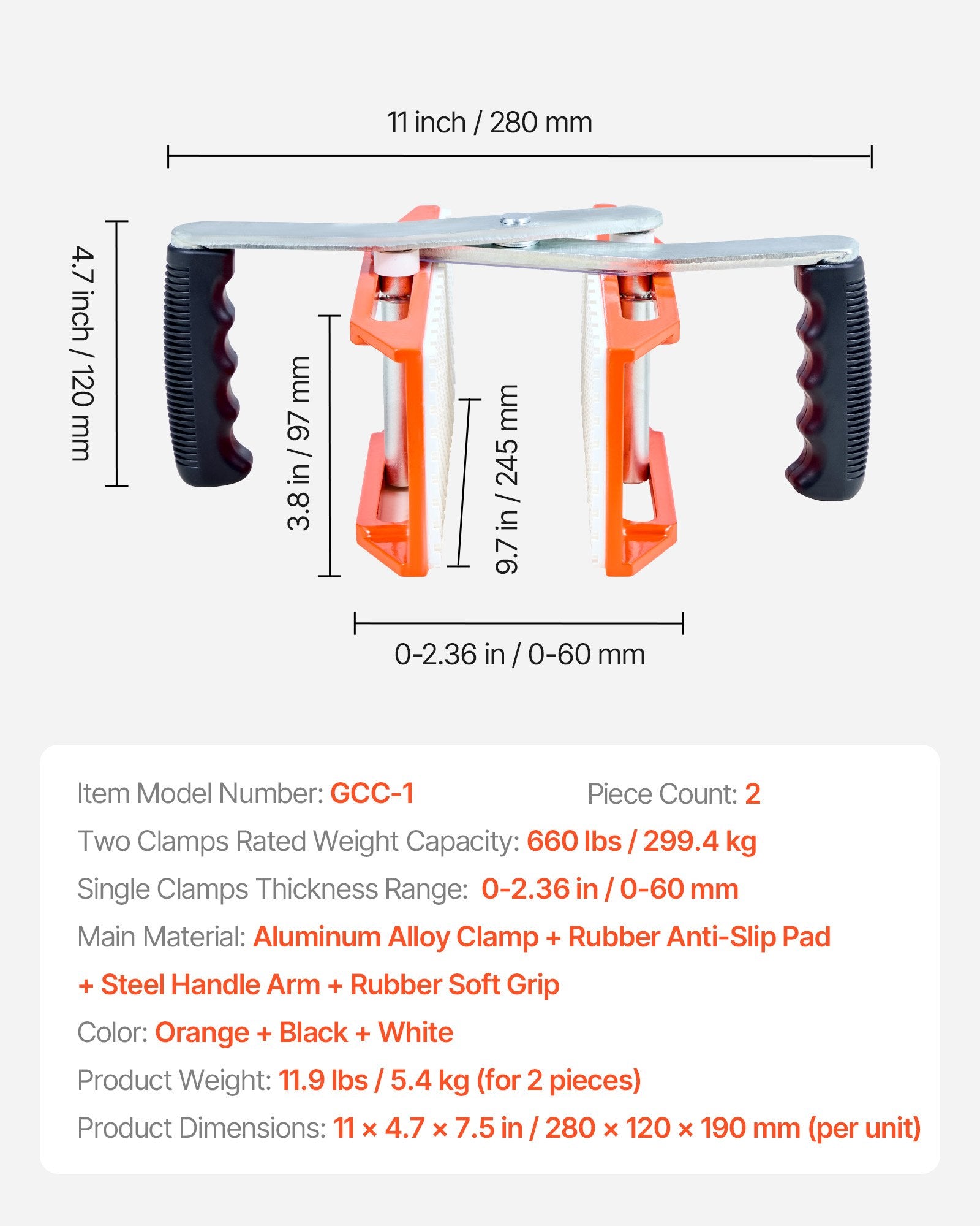 Double Handed Stone Carrying Clamps 2 Pack 299kg Heavy Duty Rubber-Lined