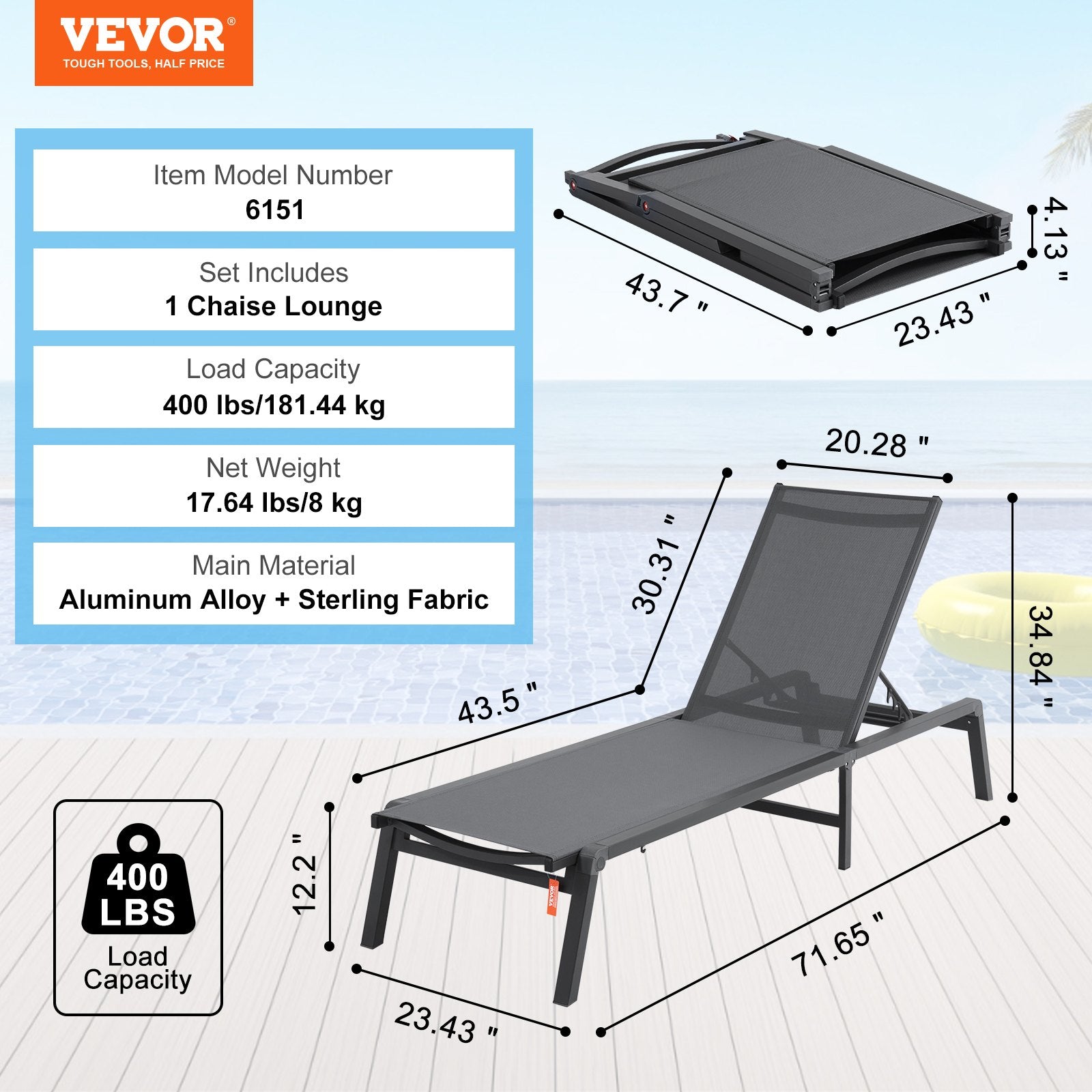 Chaise Lounge Chair Outdoor Aluminum 5-Position Adjustable Folding Recliner