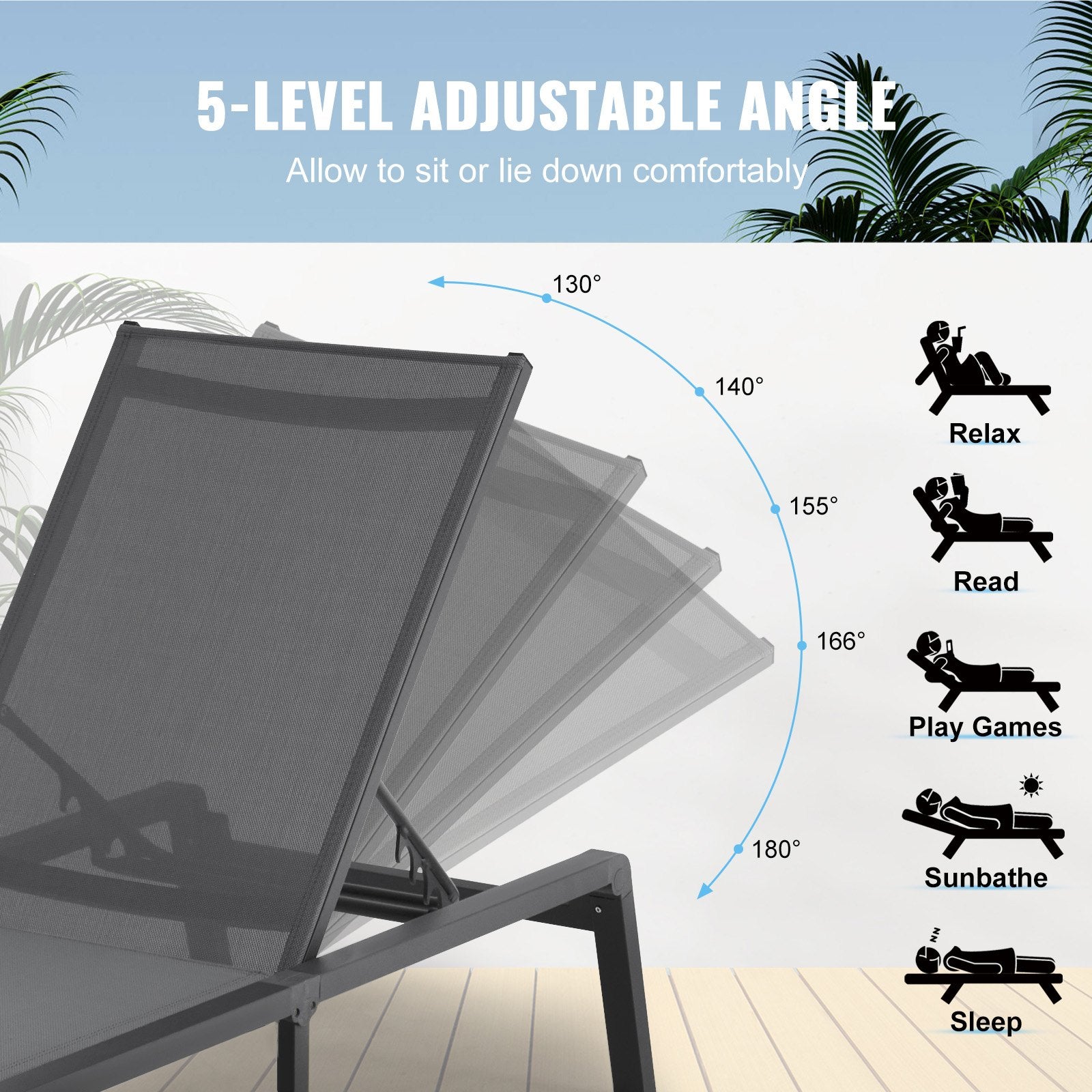 2PCS Outdoor Chaise Lounge Chairs Aluminum Folding Recliner 5-Position Dark Grey