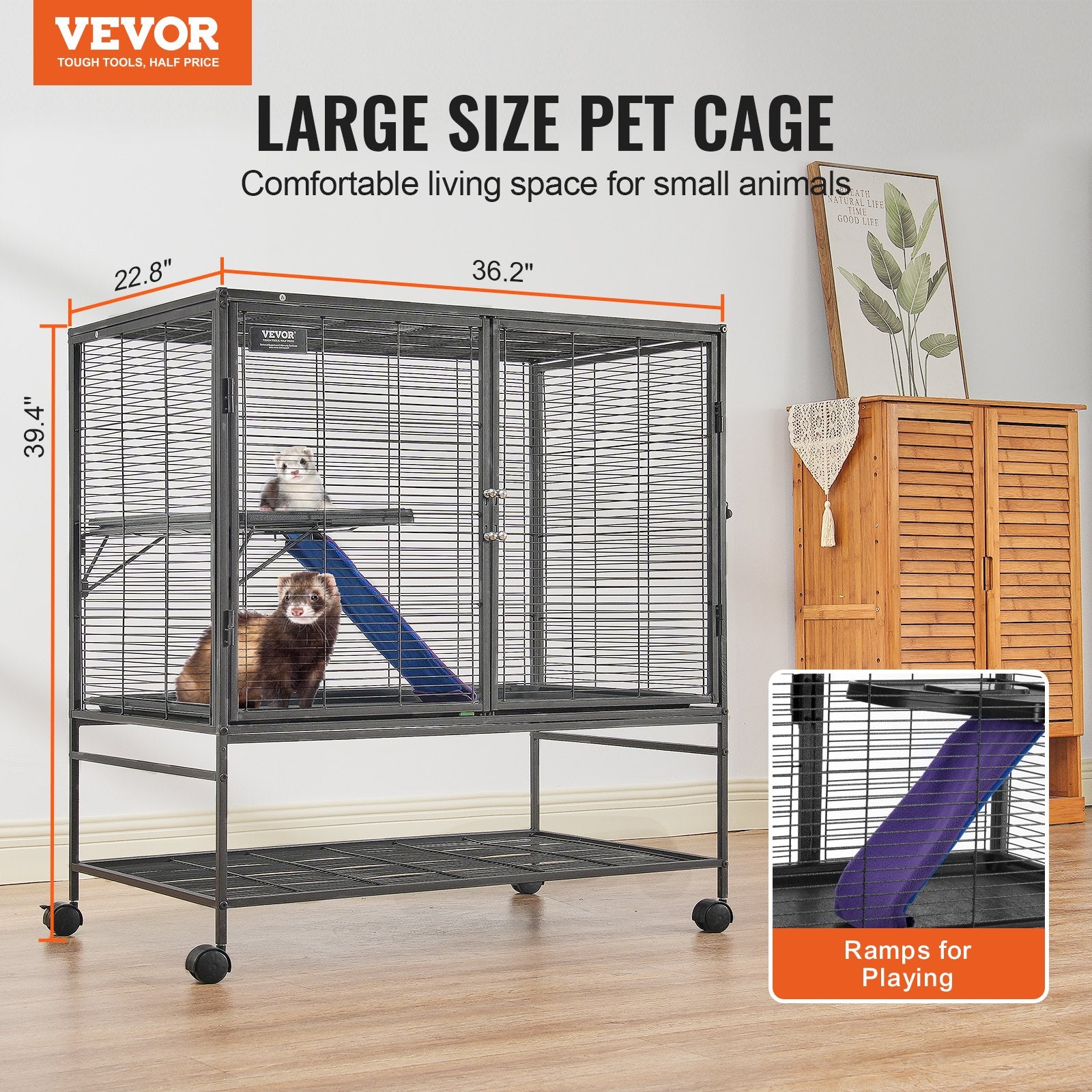 39" Rolling Metal Ferret Cage 2-Tier Small Animal Cage with Ramps & Tray